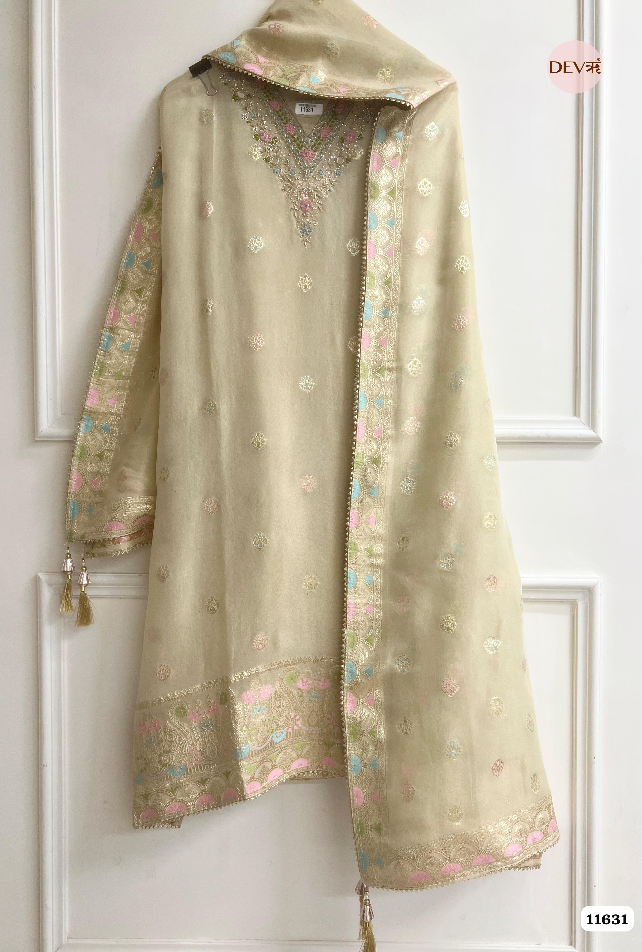 Beige Pure Organza Silk Unstitched Hand Embroidered Banarasi Weave -Set Of 3 {11631}