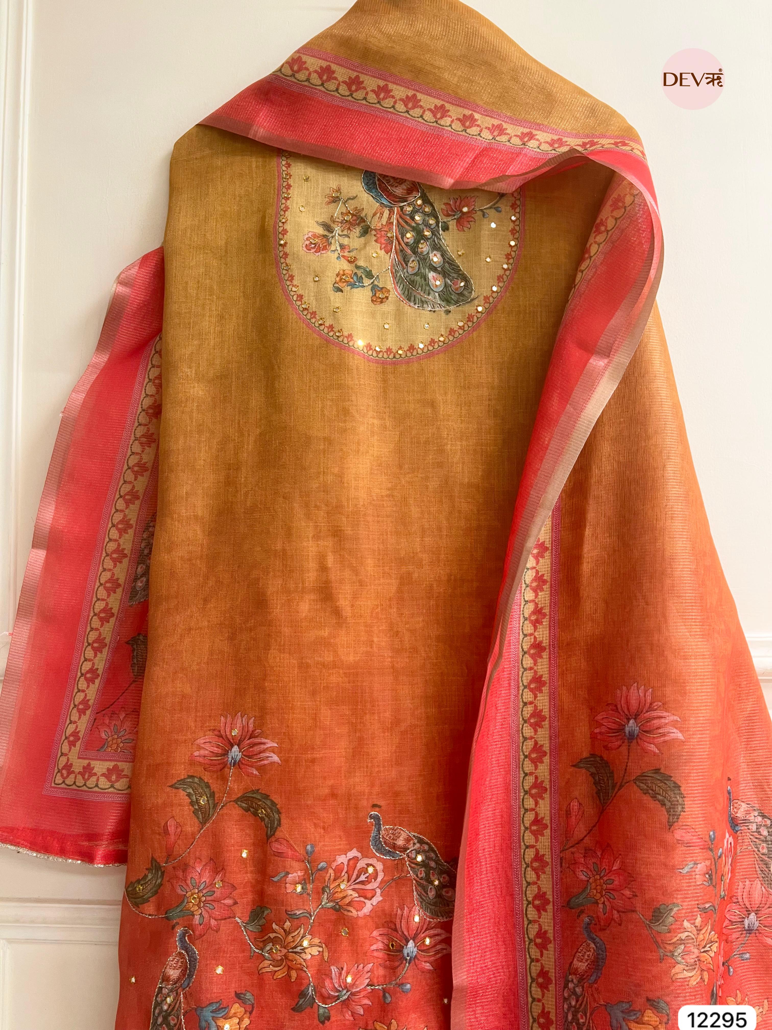 Mustard Red Linen Printed Unstitched 3-Piece Suit (Devri – D.No 12295)