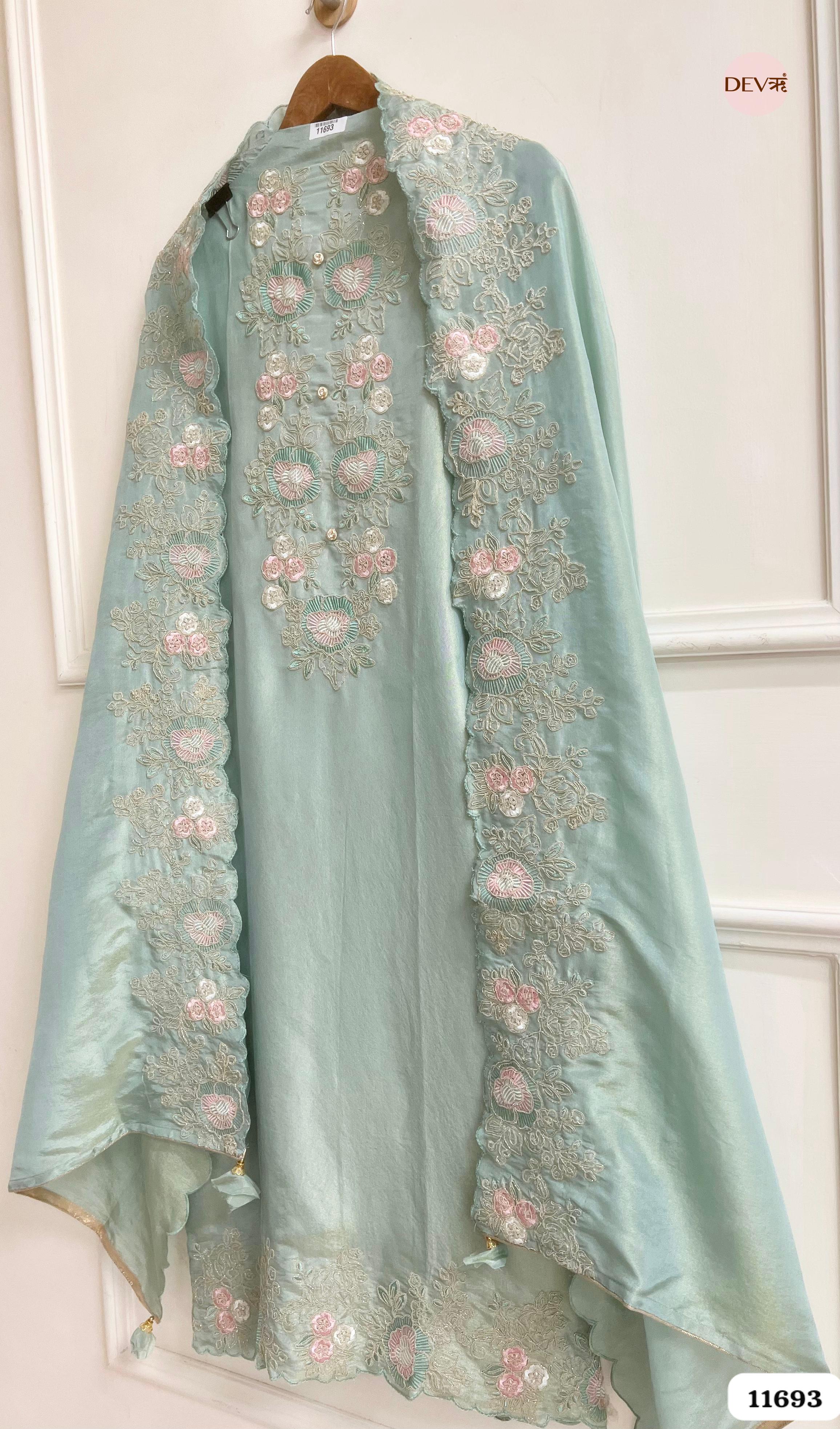Mint Green Tissue Silk Unstitched Embroidered -Set Of 3 {11693}