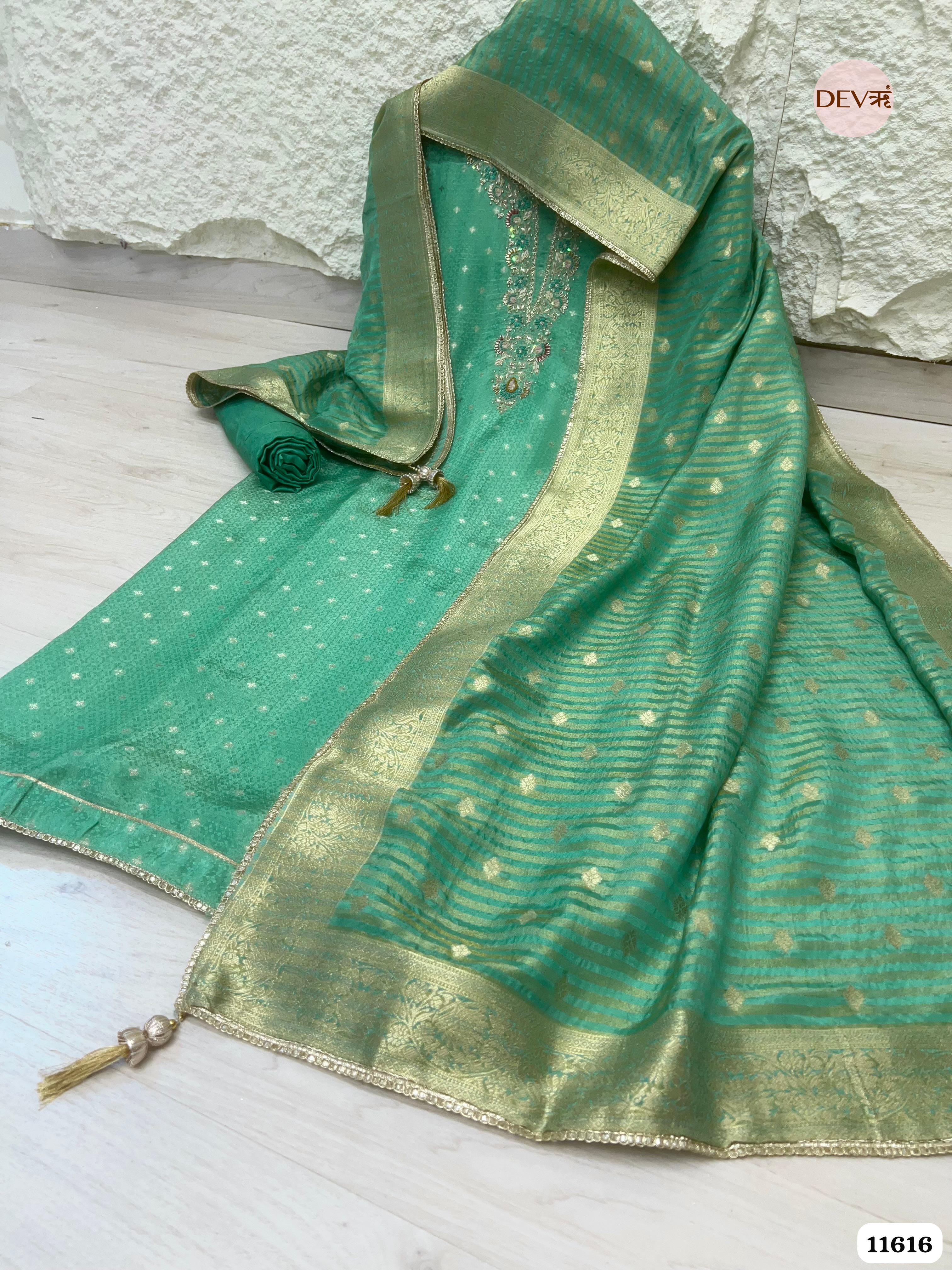 Green Pure Tissue Banarasi Silk Unstitched Hand Embroidered -Set Of 3 {11616}