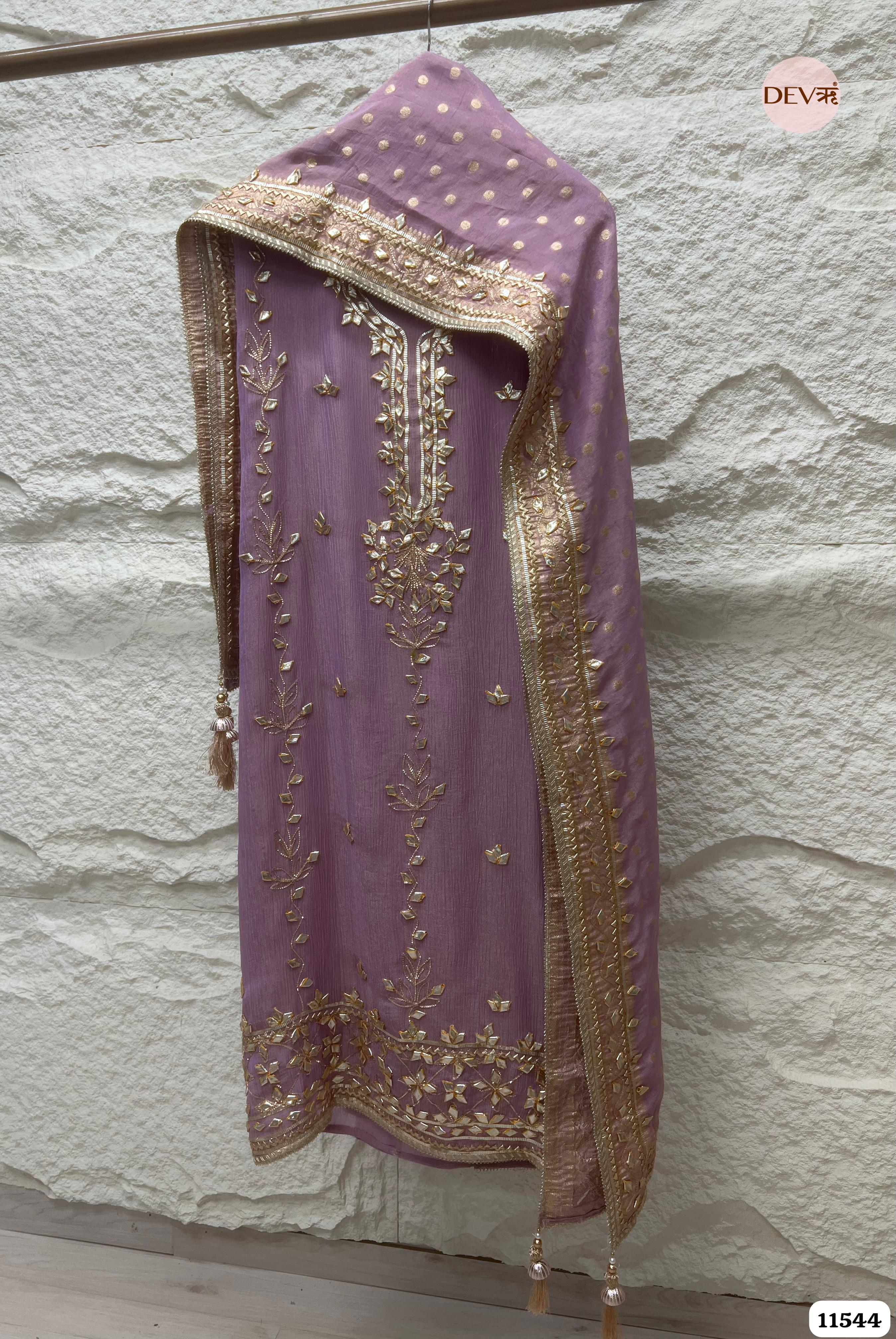 Purple Pure Chinon Unstitched Hand Embroidered -Set Of 3 {11544}