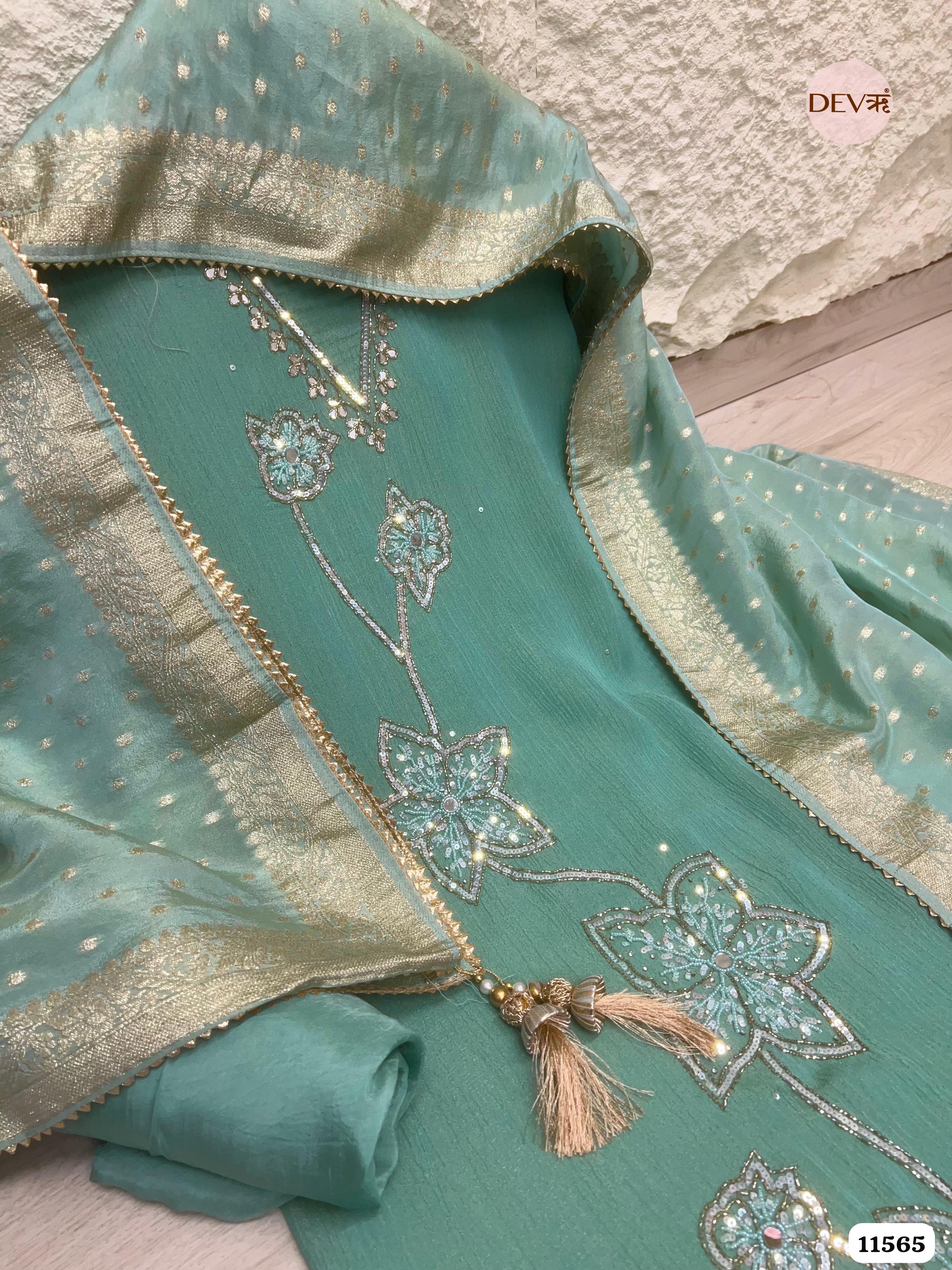 Seafoam Green Pure Chinon Unstitched Hand Embroidered -Set Of 3 {11565}