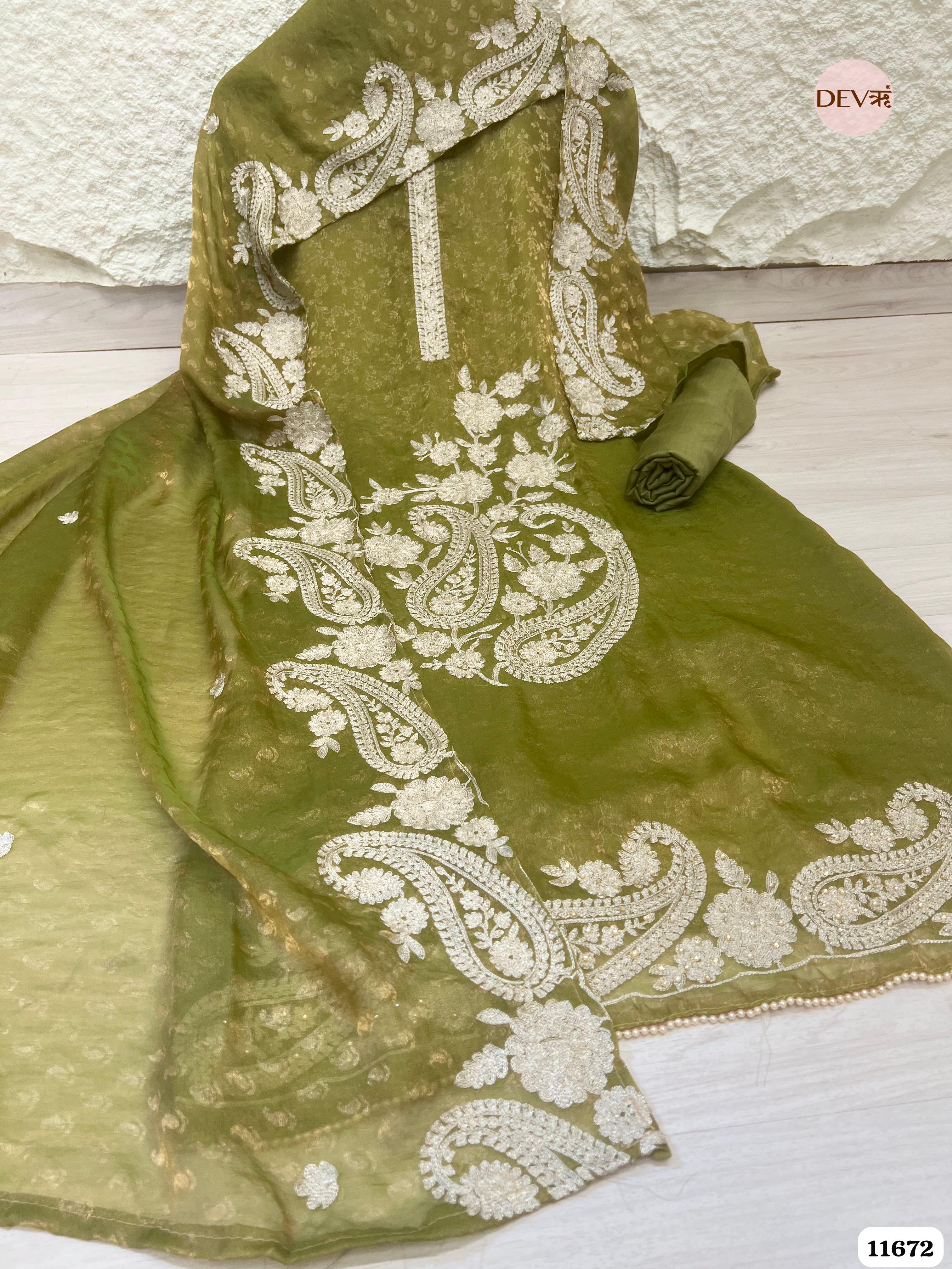 Green Tissue Silk Unstitched Embroidered -Set Of 3 {11672}