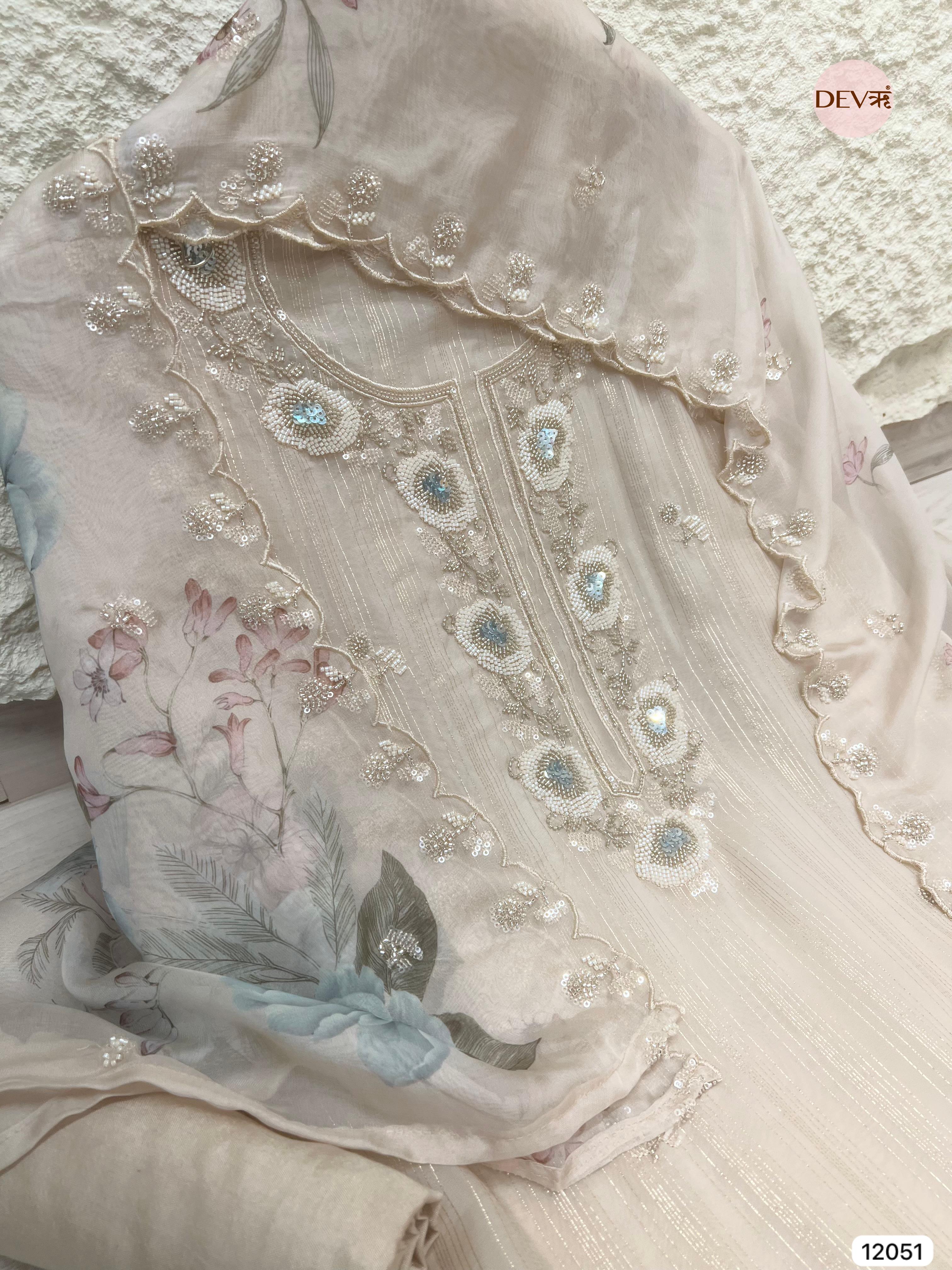 Off White Pure Organza Woven Unstitched Hand Embroidered -Set Of 3 - {12051}