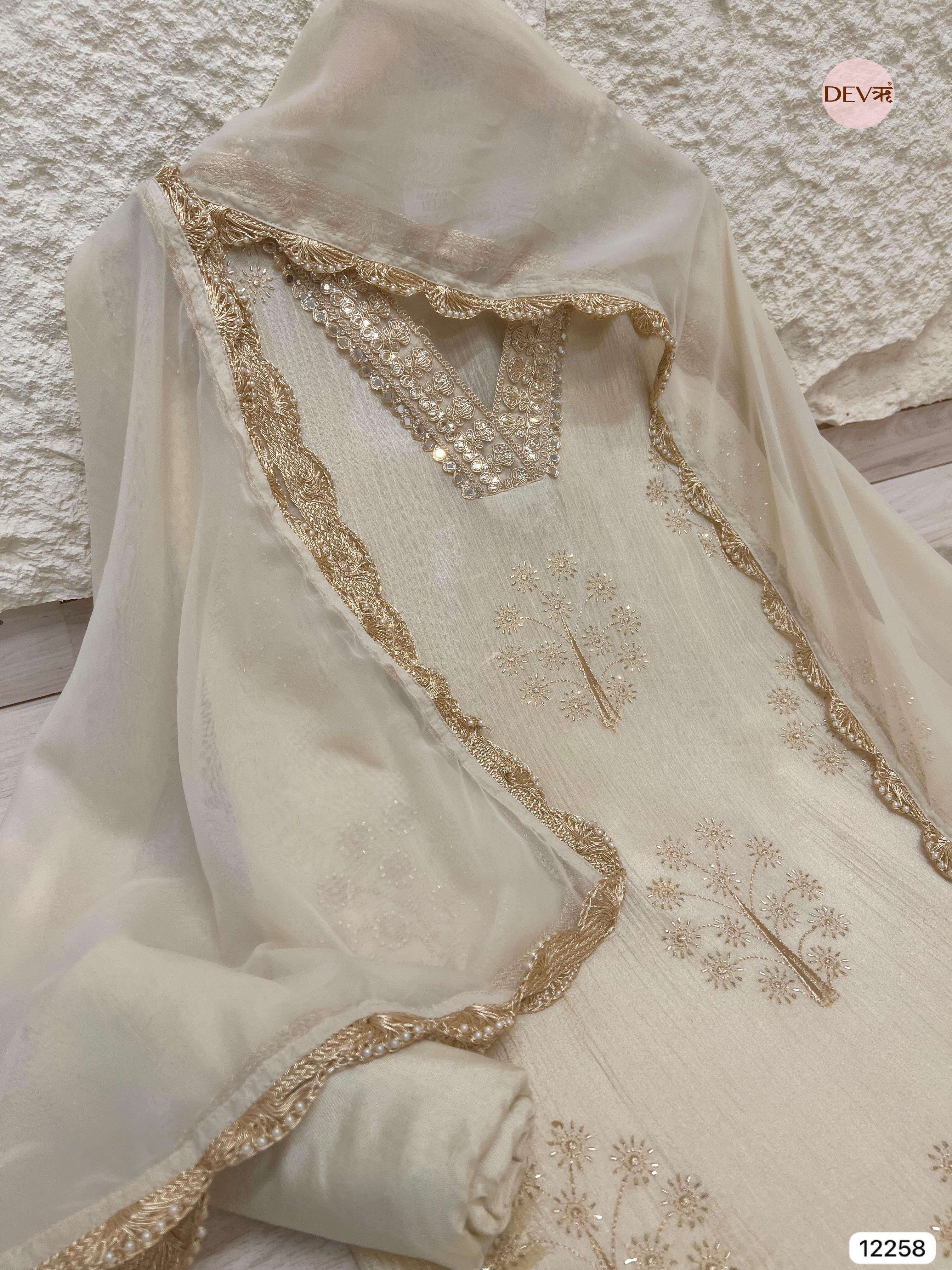 Ivory Chinon Embroidered Unstitched 3-Piece Suit (Devri – D.No 12258)