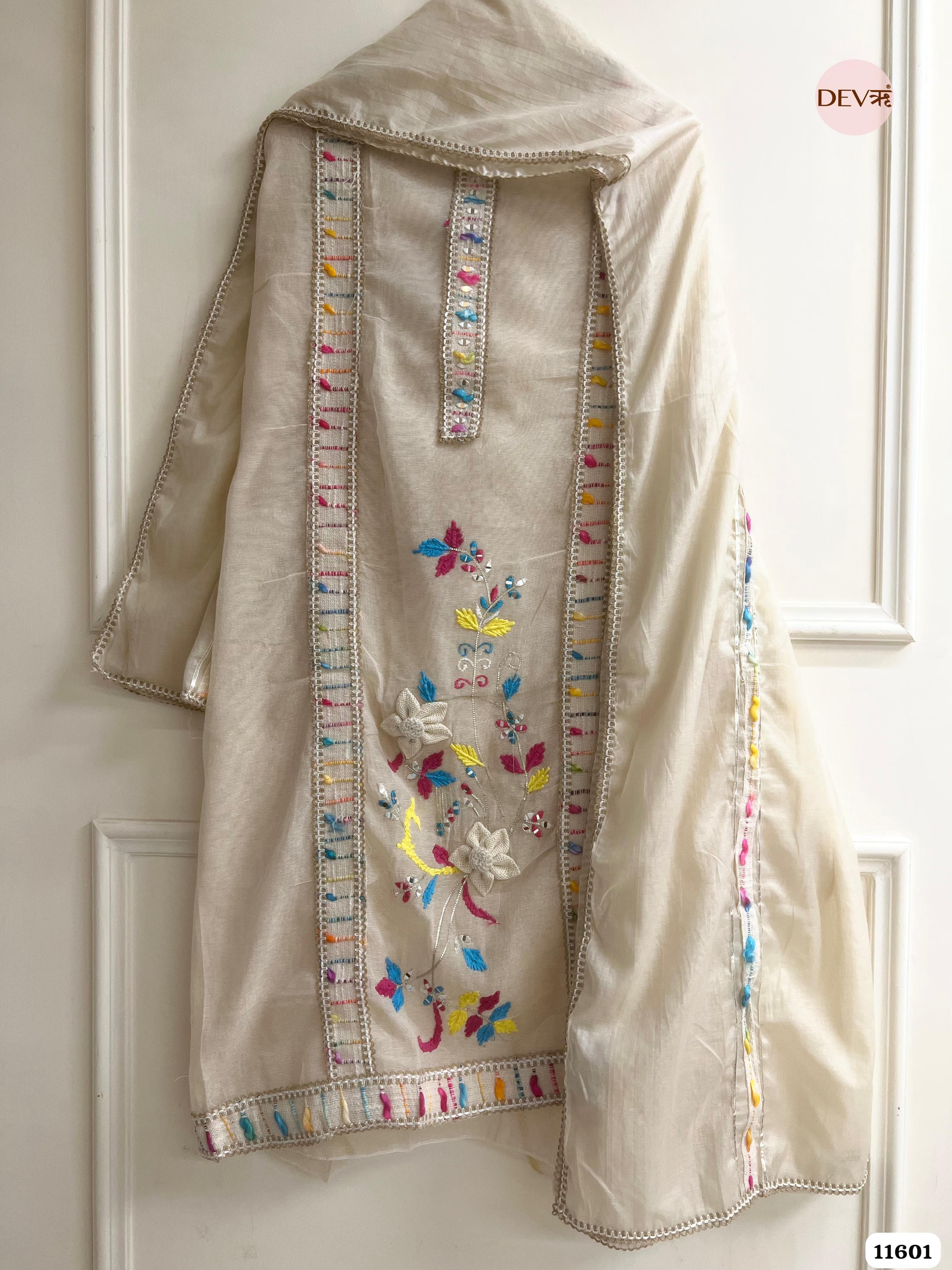 Beige Mul Chanderi silk Unstitched Hand Embroidered -Set Of 3 {11601}