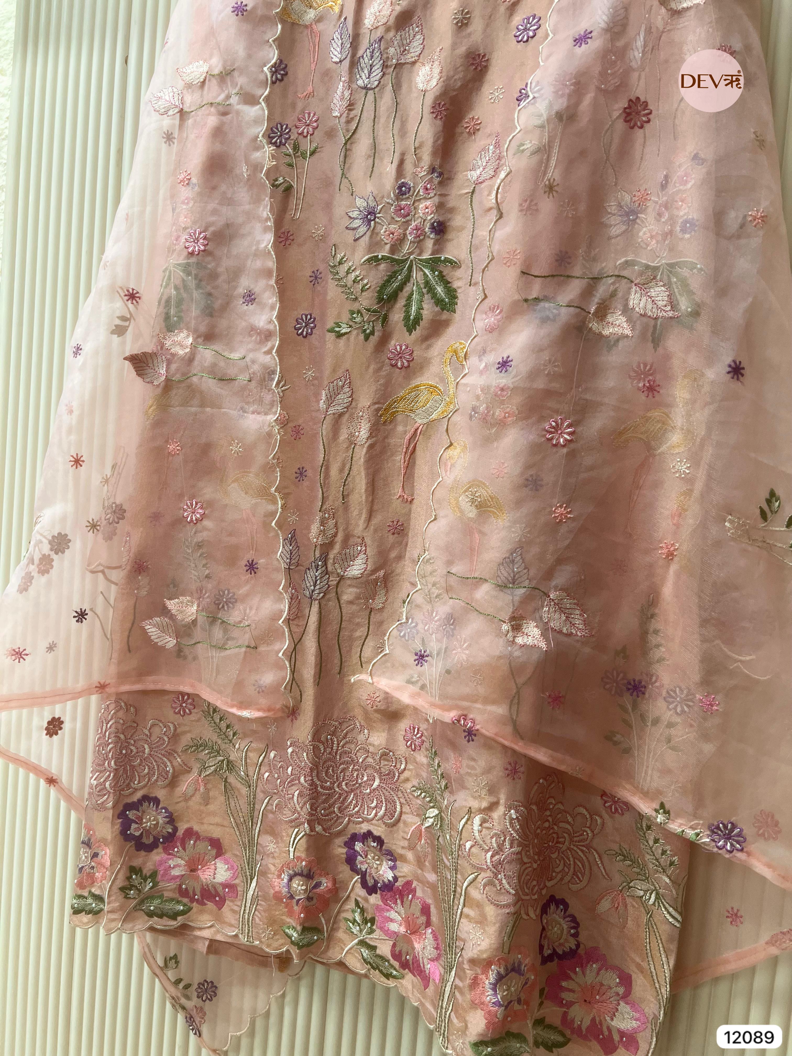 Pink Shimmer Tissue Silk Unstitched Embroidered -Set Of 3- {12089}