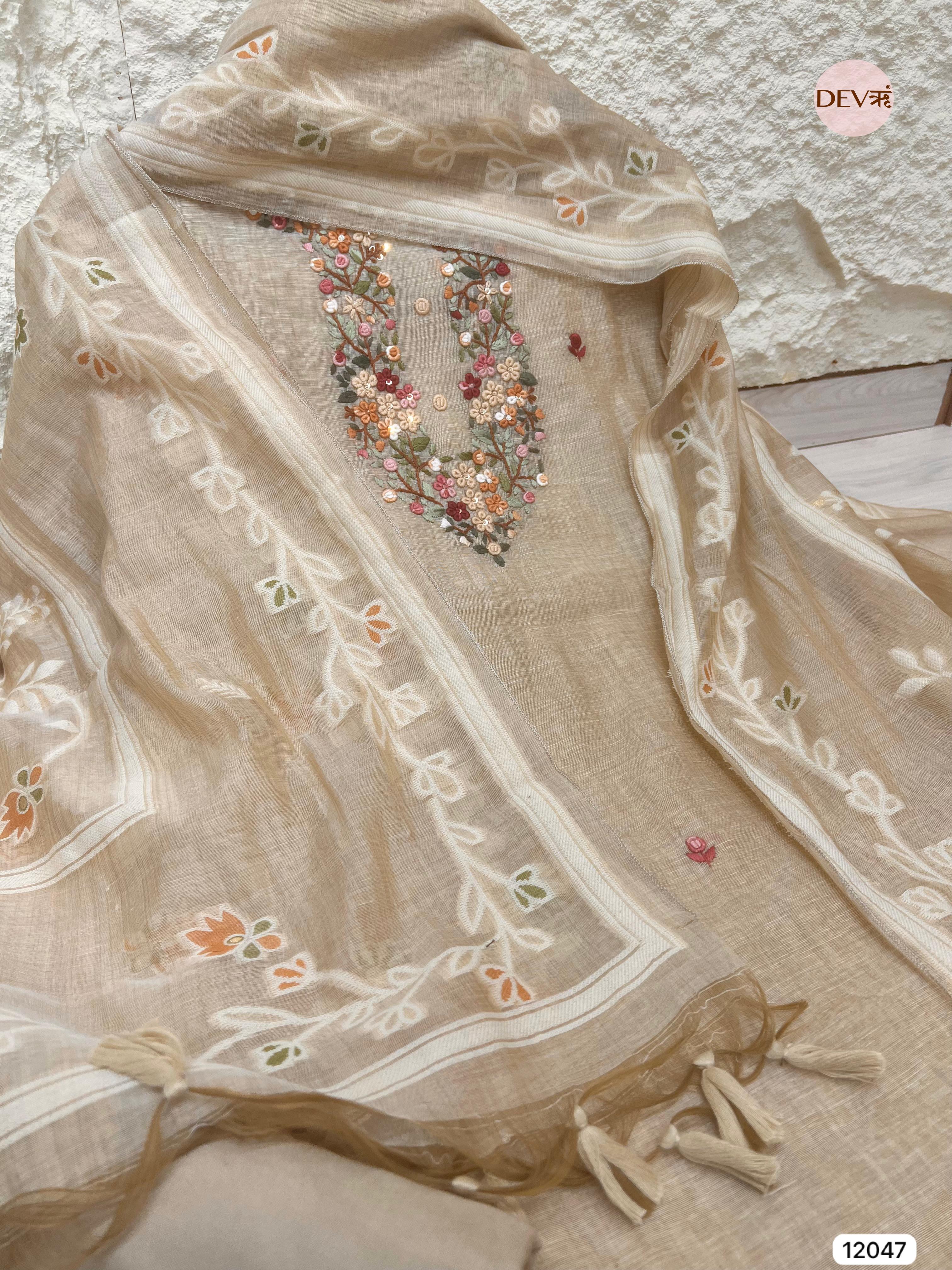 Beige Pure Khadi Silk Unstitched Embroidered -Set Of 3 - {12047}