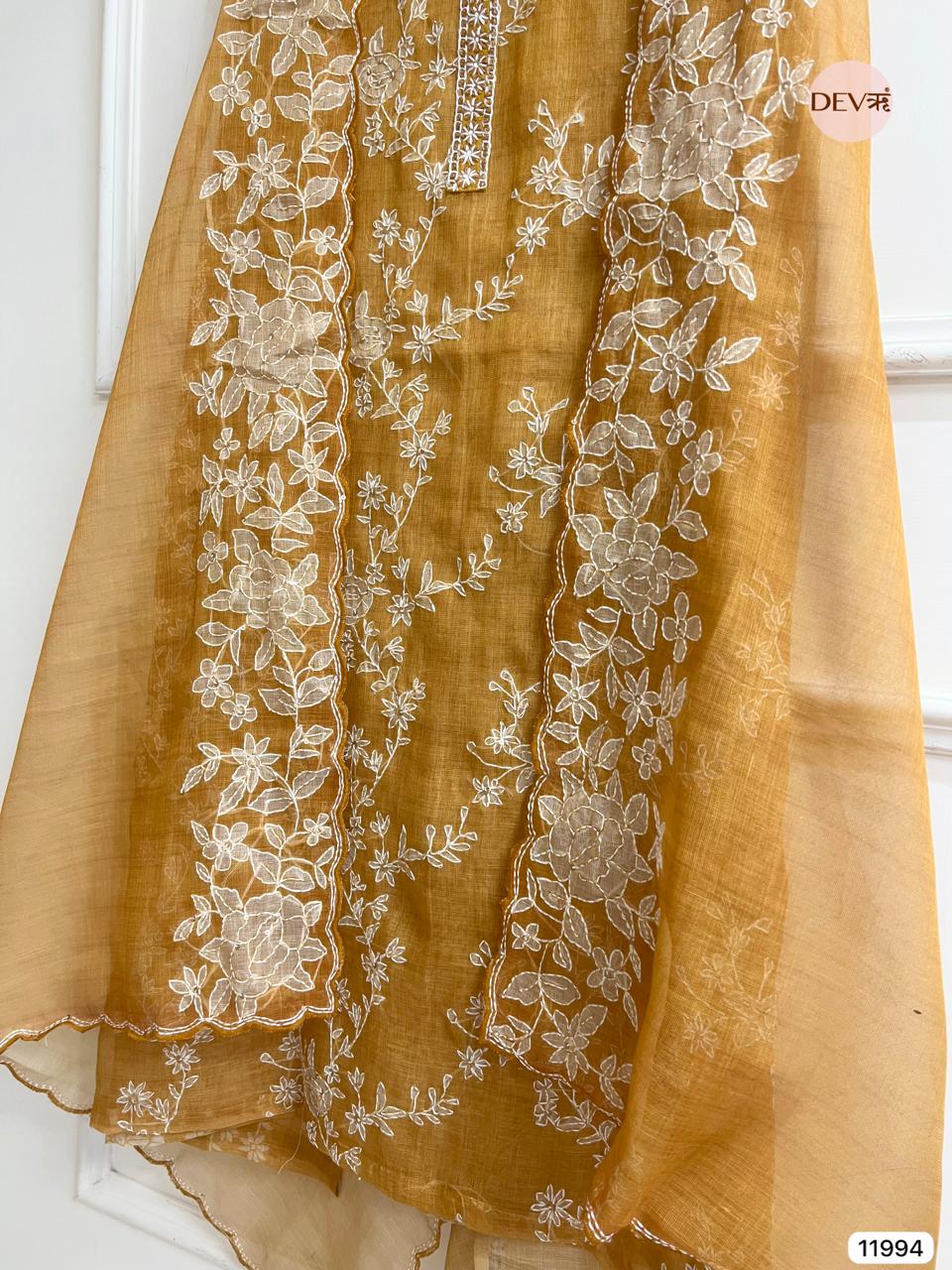 Yellow Pure Mul Linen Unstitched Embroidered -Set Of 3 - {11994}