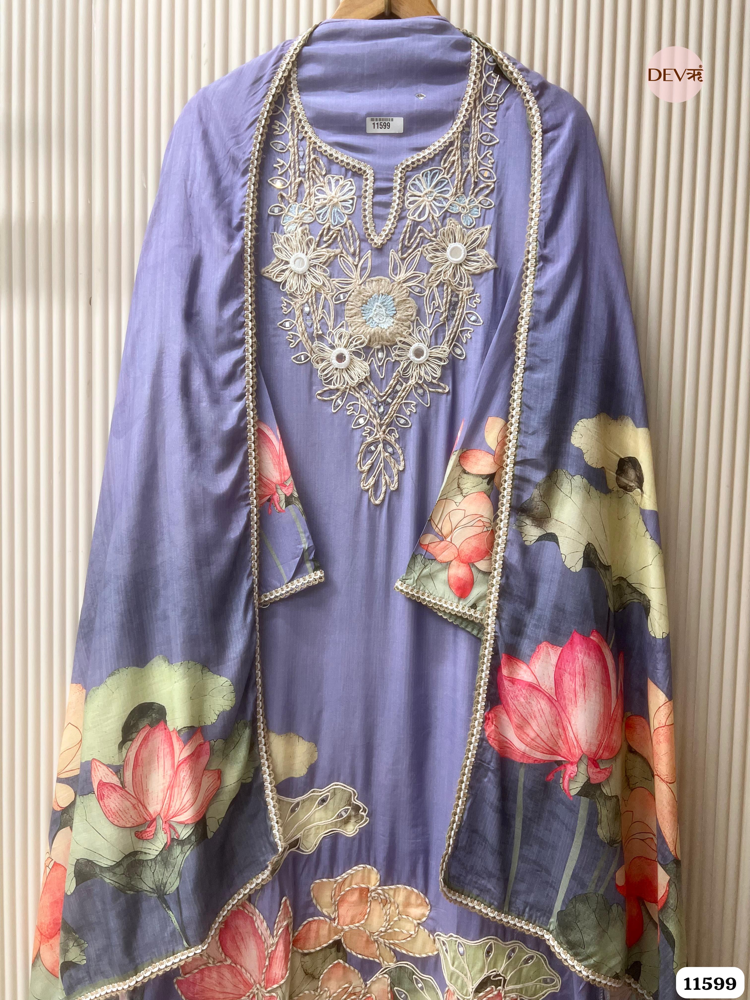 Purple Muslin Semi Stitched Embroidered Printed -Set Of 3 {11599}
