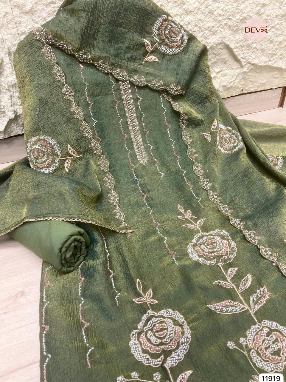 Green Pure Tissue Crush Unstitched Hand Embroidered -Set Of 3 - {11919}