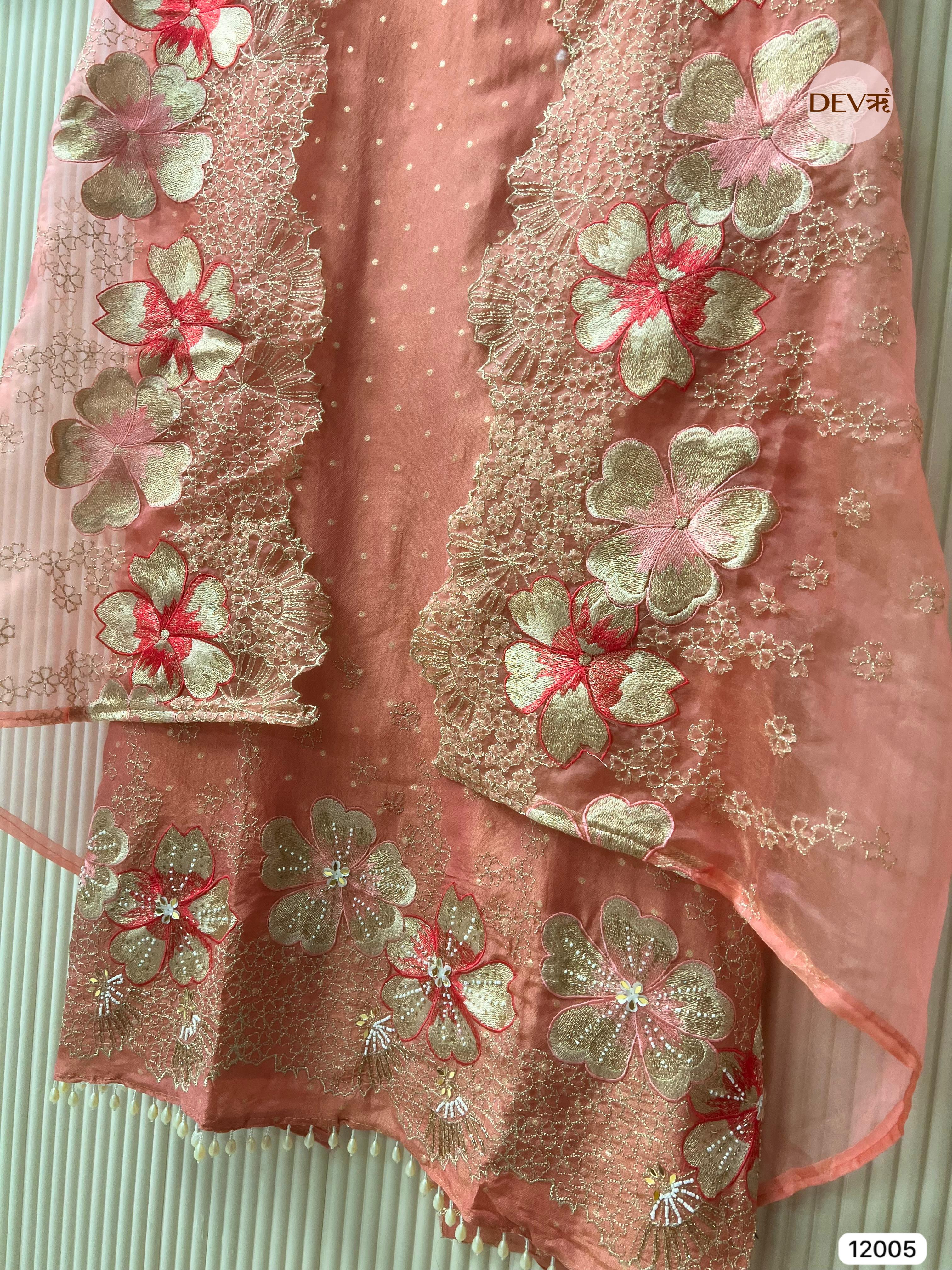 Light Pink Tissue Shimmer Silk Unstitched Embroidered -Set Of 3 - {12005}