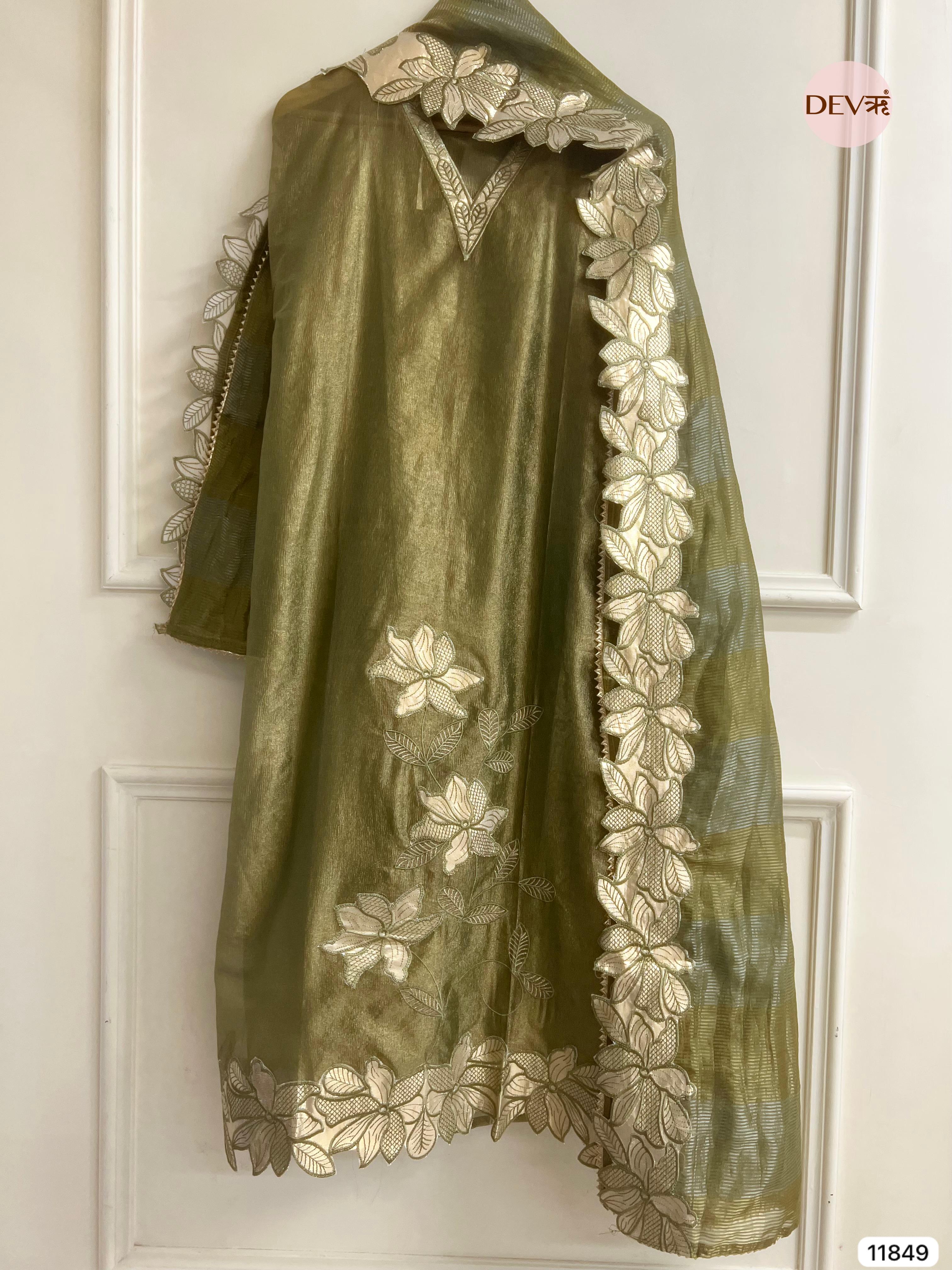 Green Tissue Silk Unstitched Embroidered -Set Of 3- {11849}