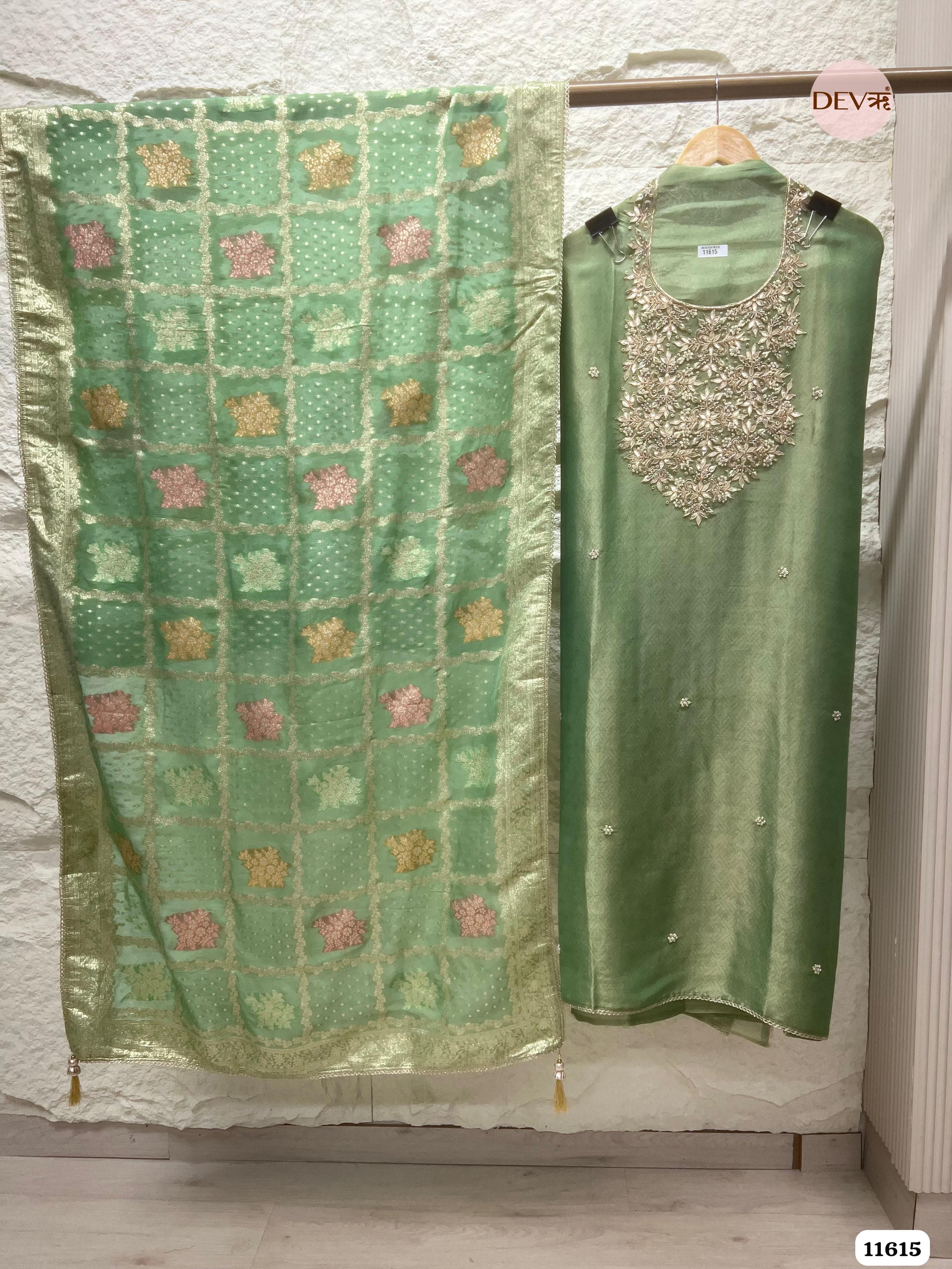 Green Pure Tissue Silk Unstitched Hand Embroidered -Set Of 3 {11615}