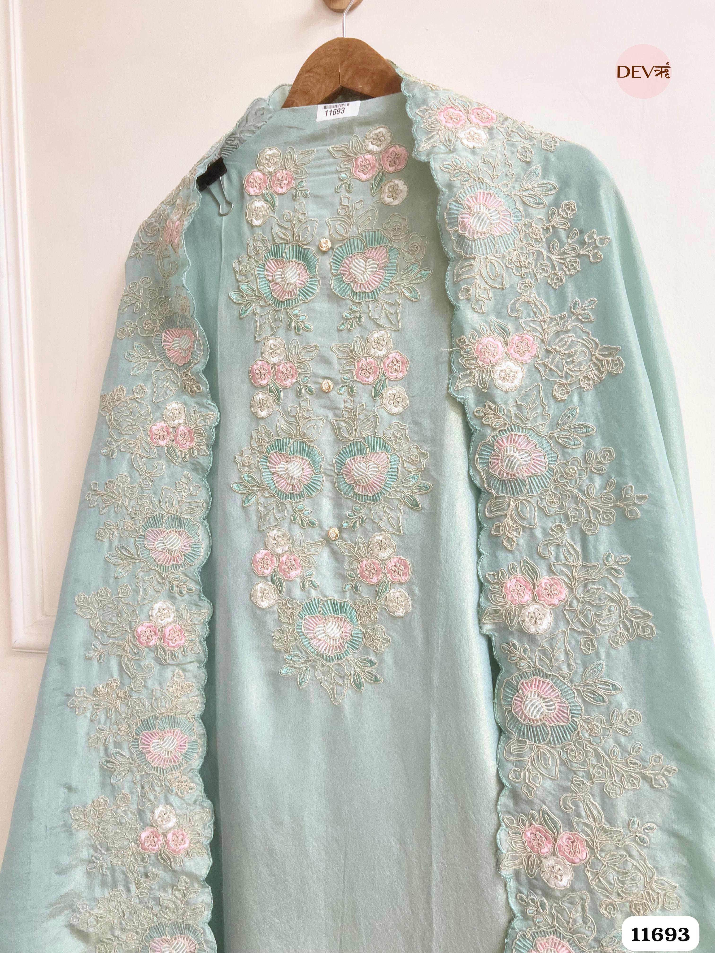 Mint Green Tissue Silk Unstitched Embroidered -Set Of 3 {11693}