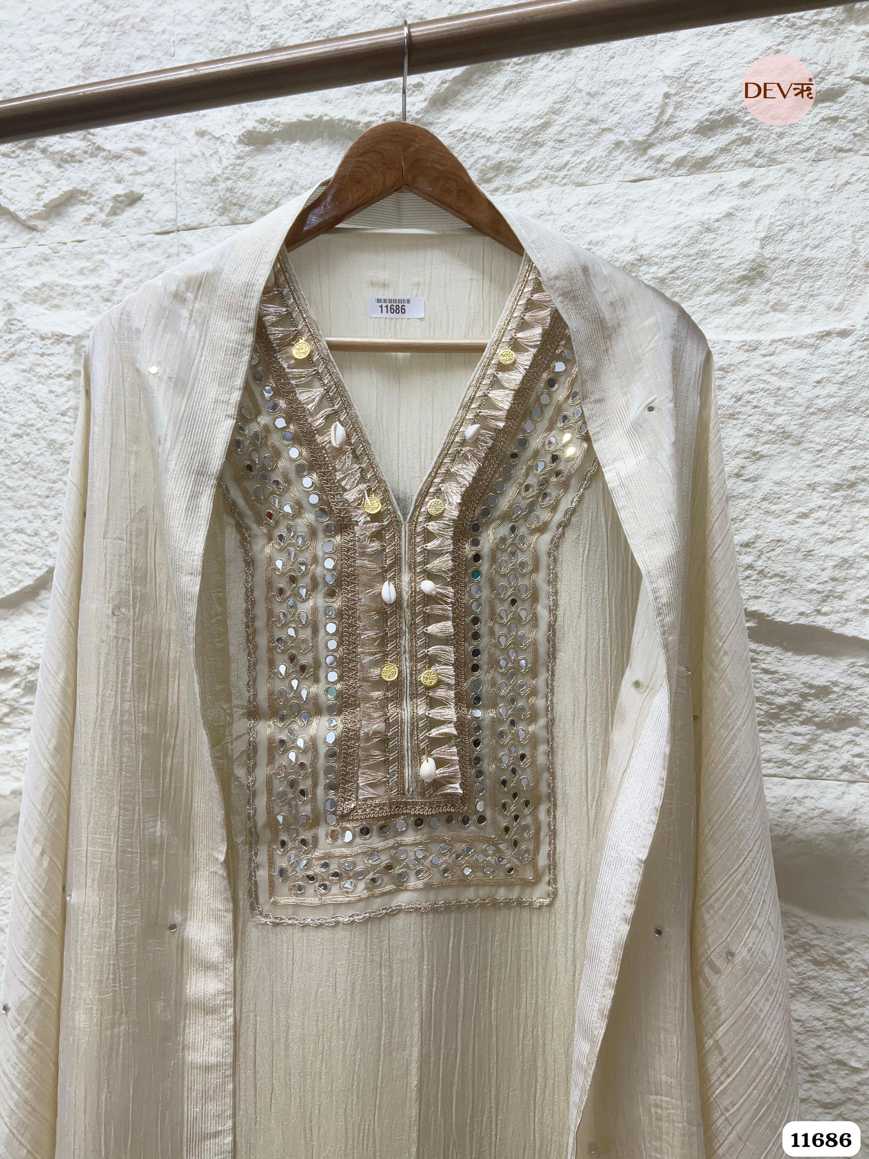 Off White Pure Tissue Silk Unstitched Hand Embroidered -Set Of 3 {11686}