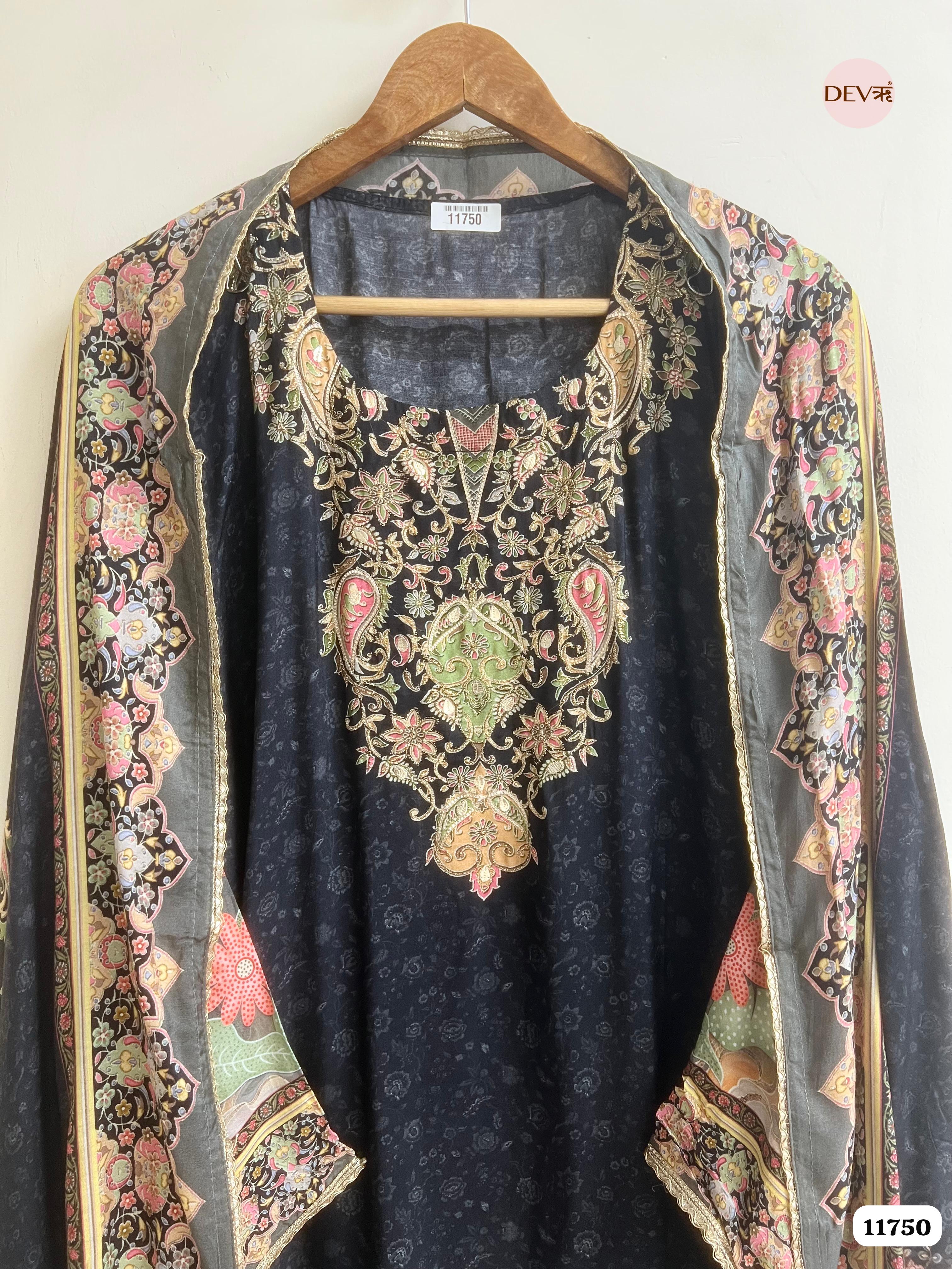 Black Muslin Semi Stitched Printed Hand Embroidered -Set Of 3- {11750}