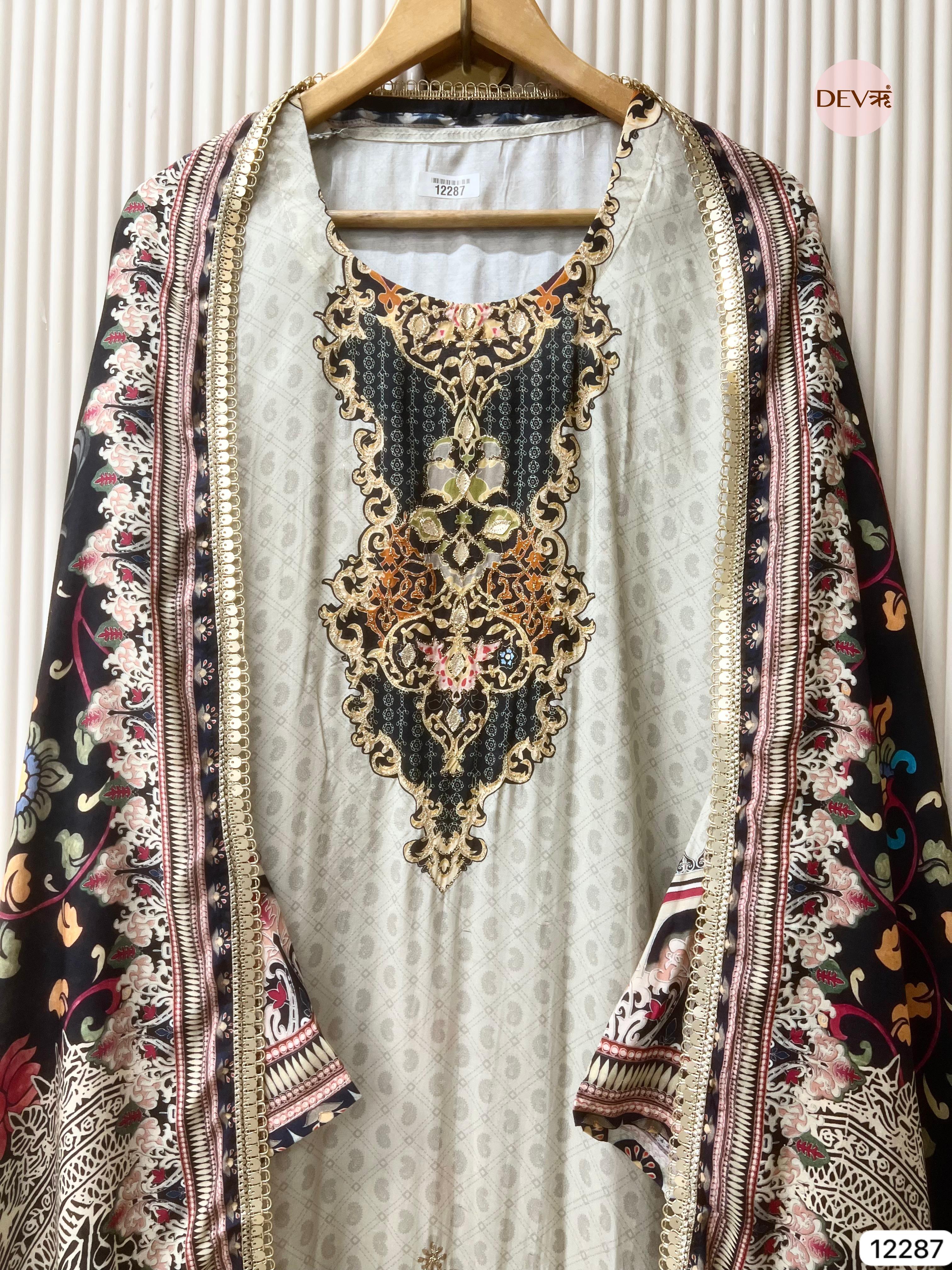 Ivory Muslin Printed Unstitched 3-Piece Suit (Devri – D.No 12287)