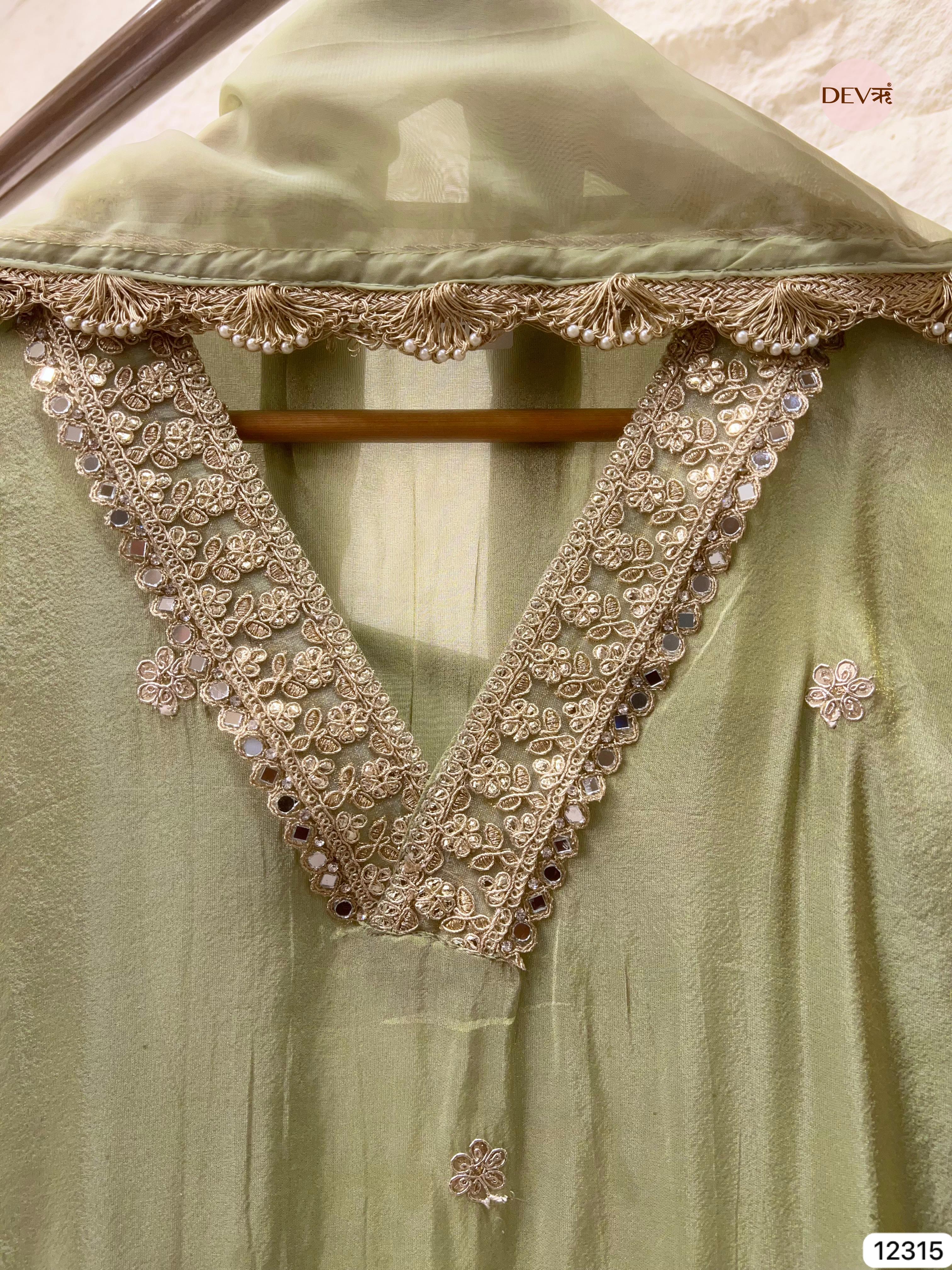 Pistachio Green Shimmer Silk Embroidered Unstitched 3-Piece Suit (Devri – D.No 12315)