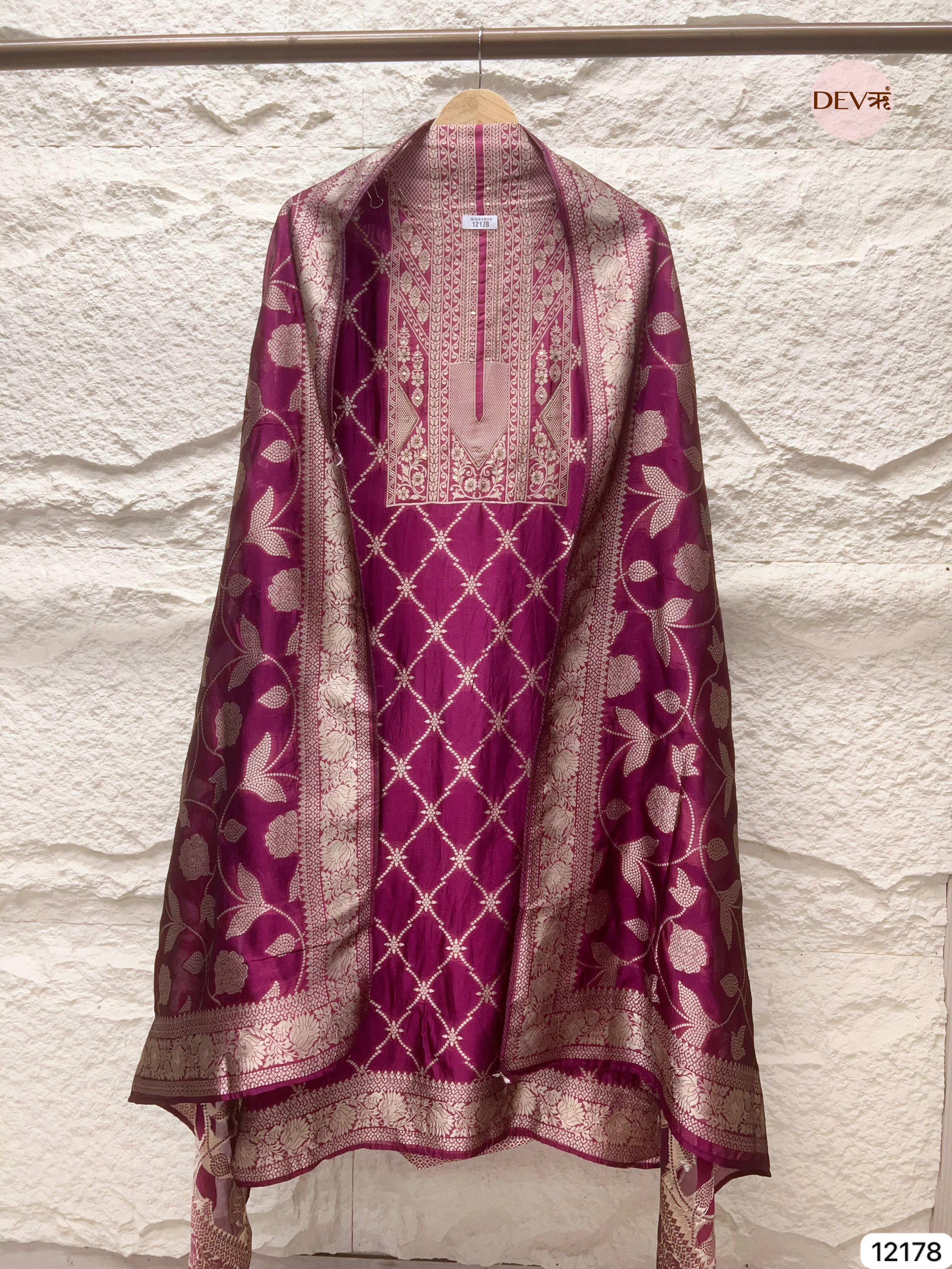 Magenta Pink Pure Banarasi Silk Unstitched Hand Embroidered-Set of 3 - {12178}