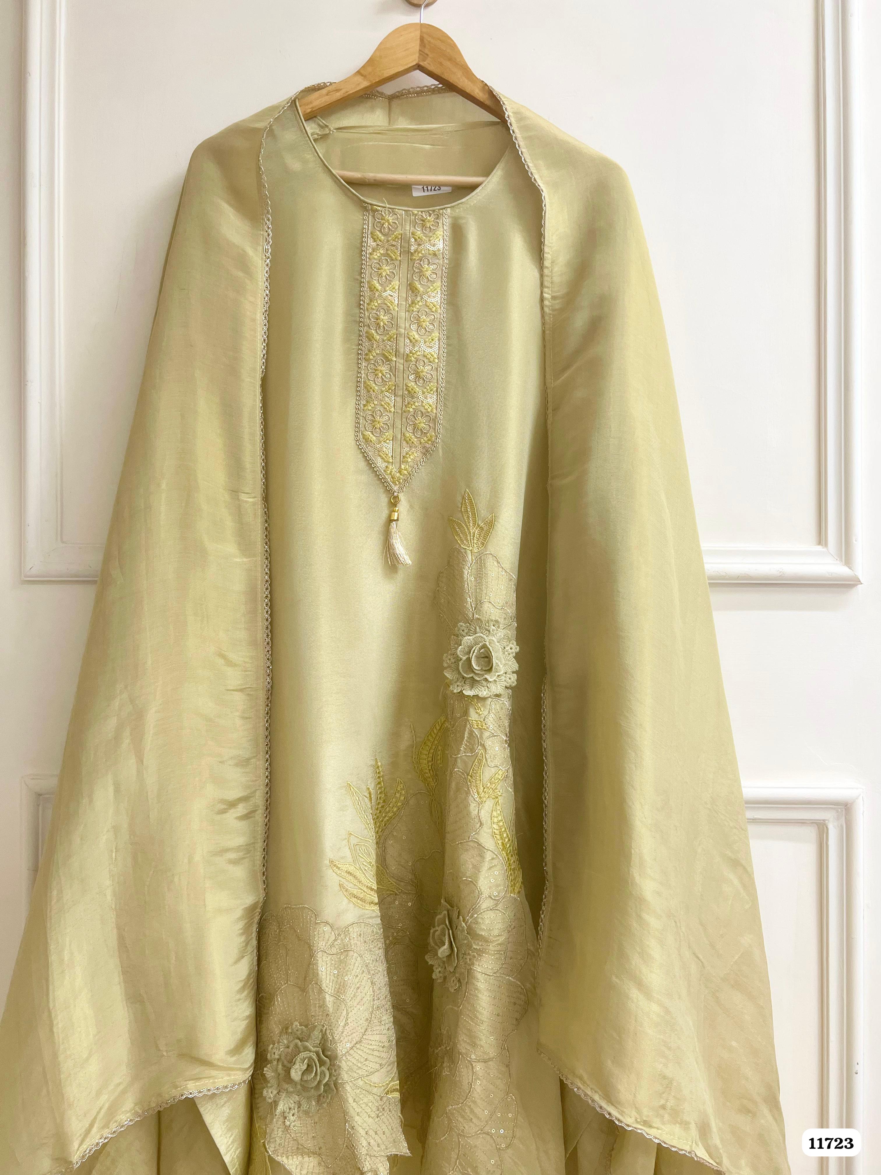 Green Tissue Silk Unstitched Embroidered -Set Of 3 {11723}