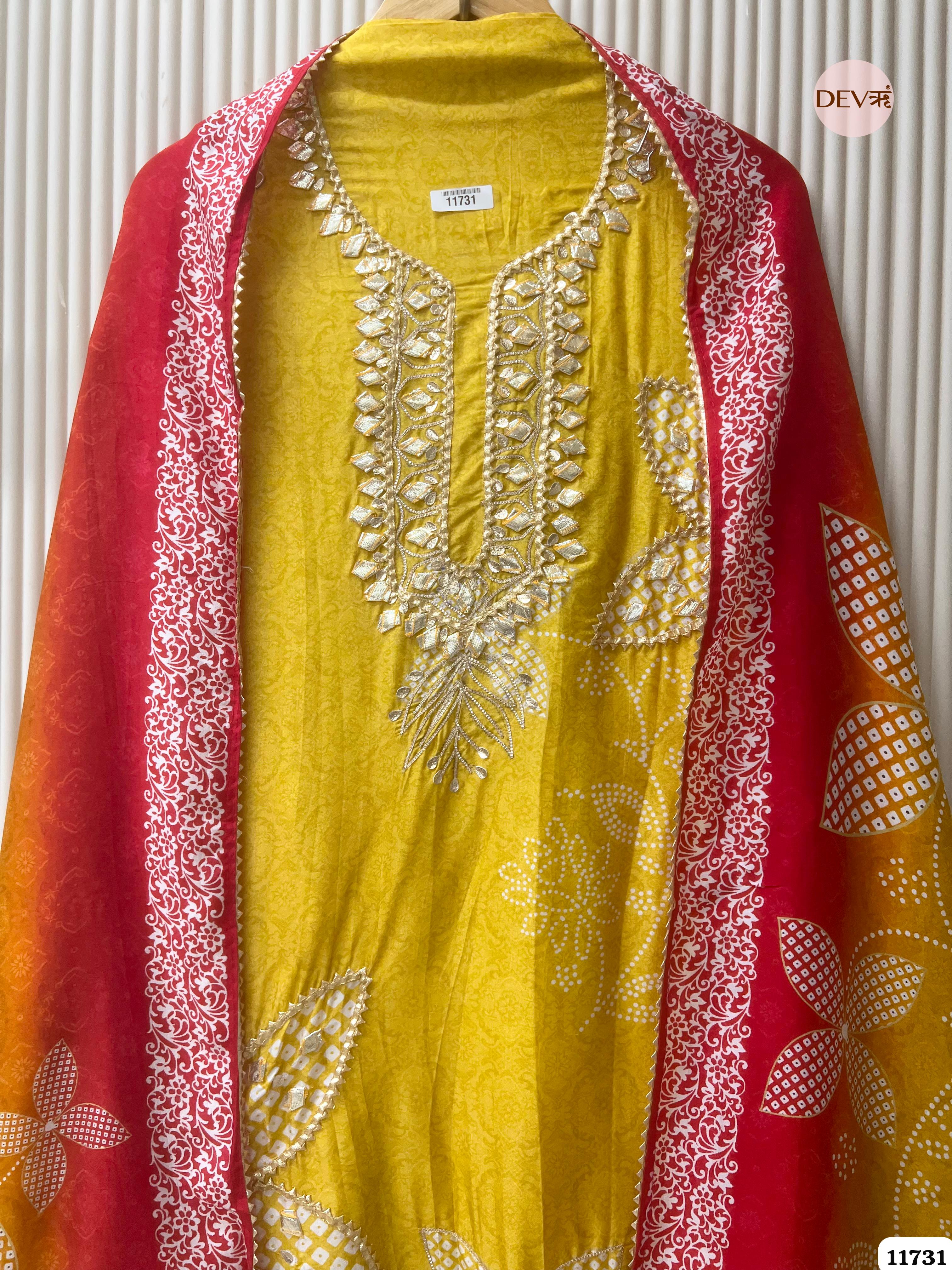 Yellow Russian Silk Semi Stitched Printed Hand Embroidered -Set Of 3- {11731}