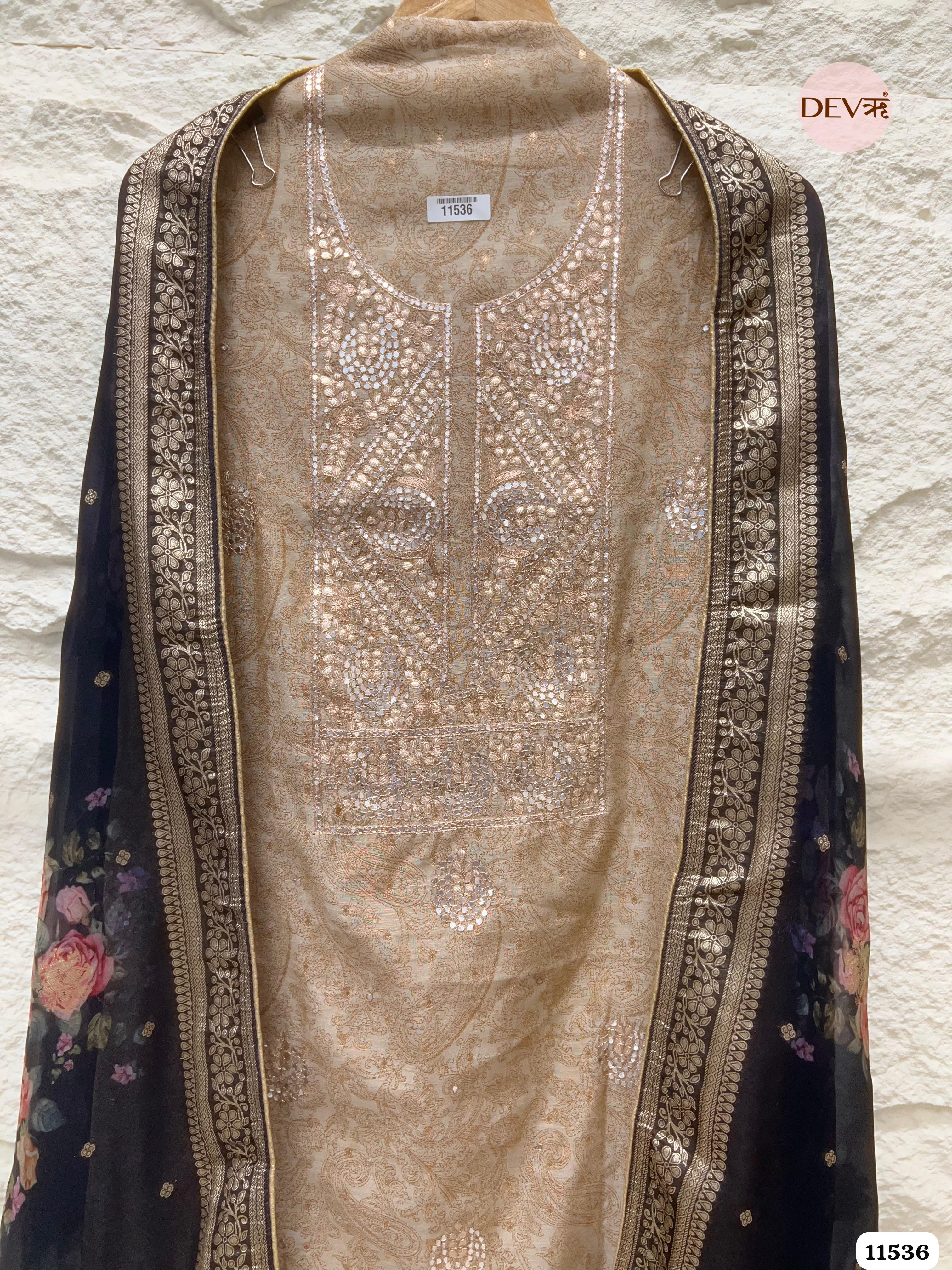 Cream Colour Pure Organza Silk Printed Unstitched Hand Embroidered -Set Of 3 {11536}
