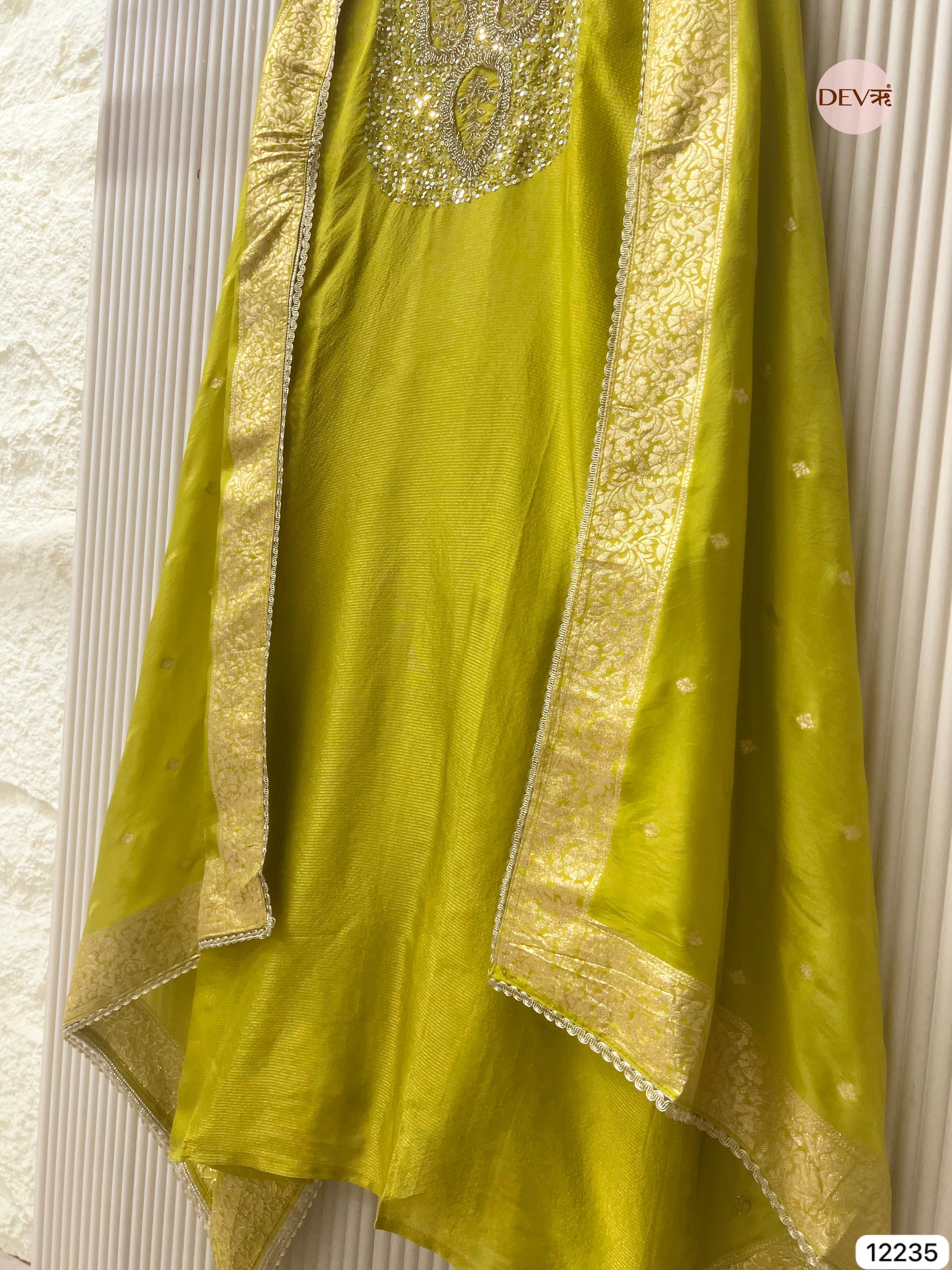 Lime Tissue Shimmer Silk Embroidered Unstitched 3-Piece Suit (Devri – D.No 12235)