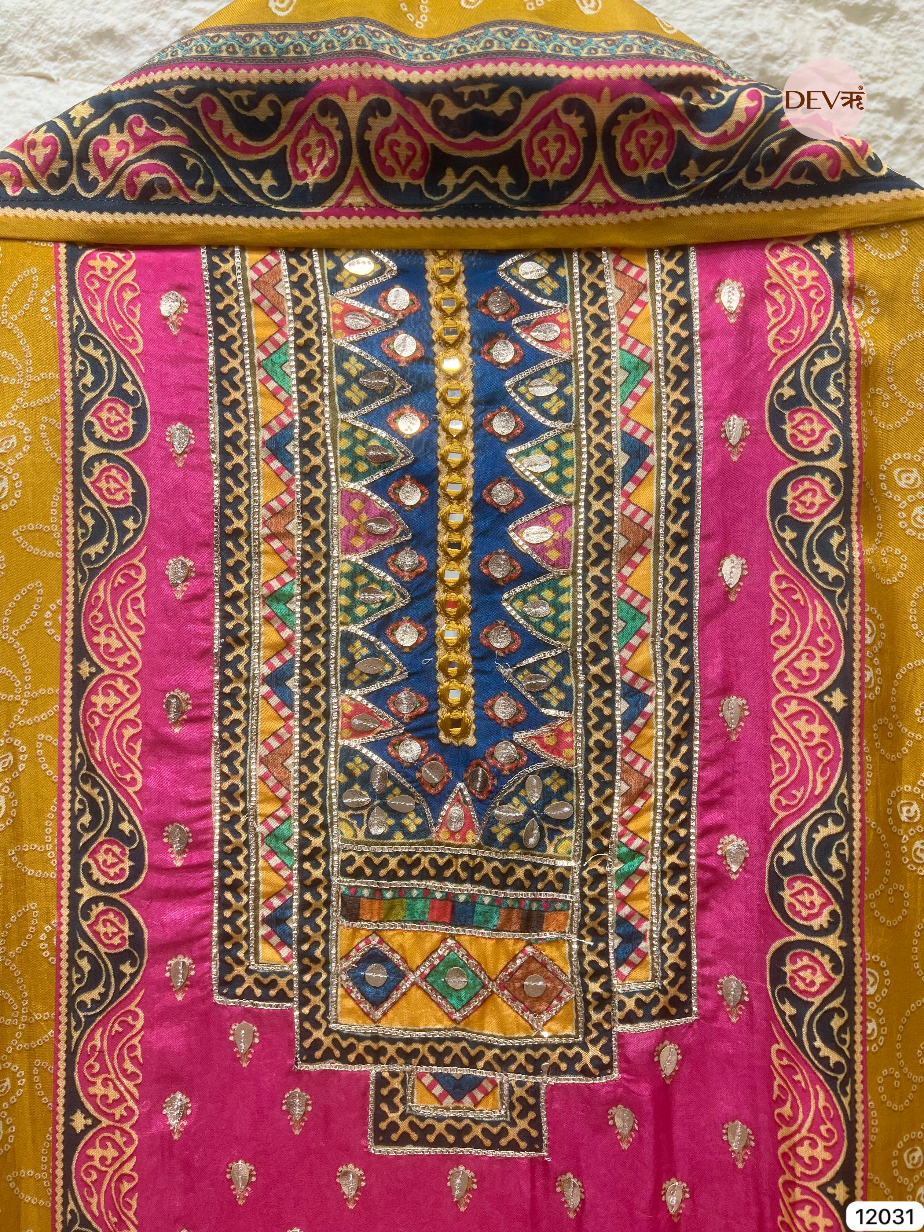 Yellow Pure Glass Silk Unstitched Printed Hand Embroidered -Set Of 3 - {12031}