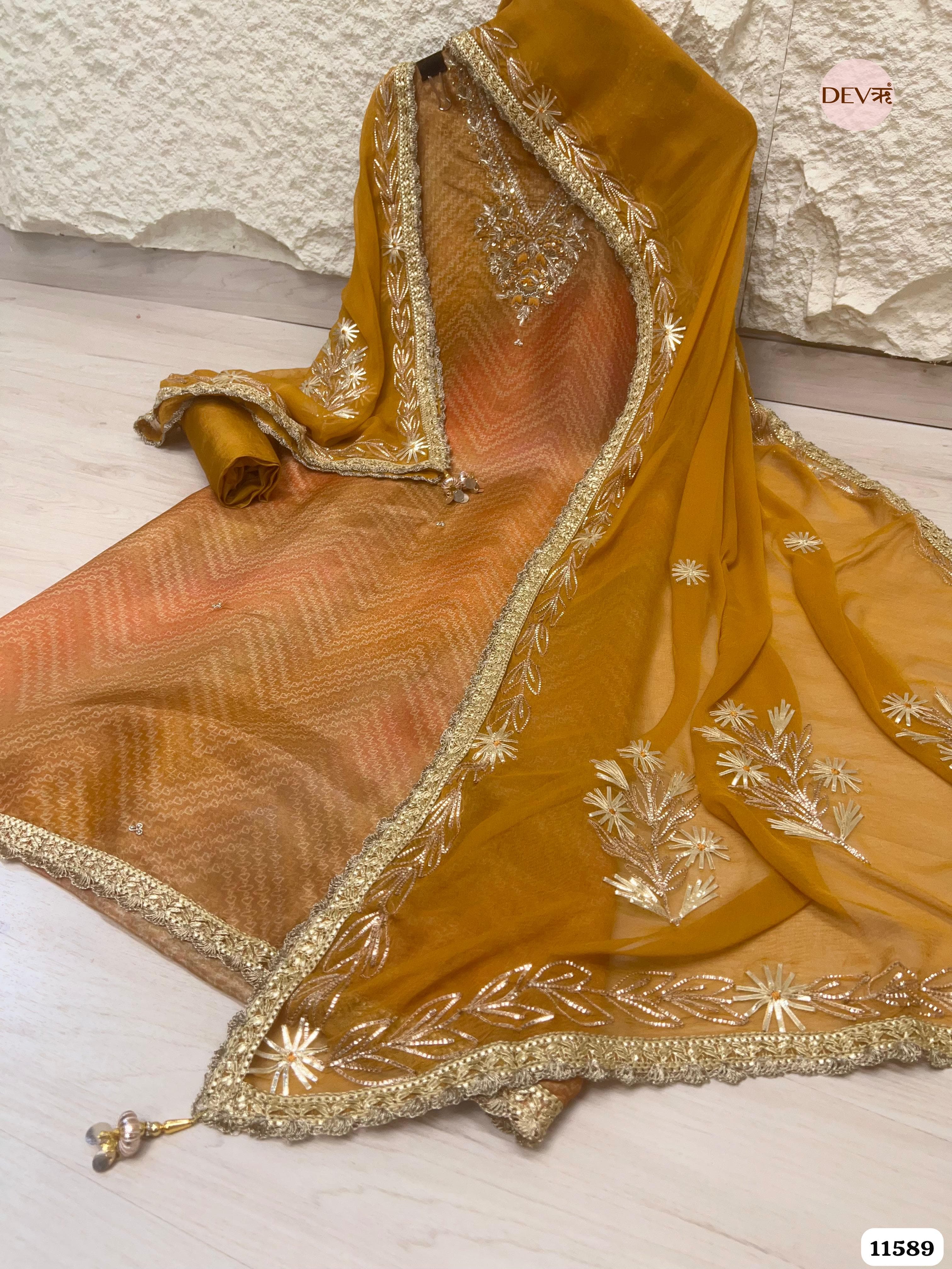 Mustard Yellow Pure Tissue Silk Printed Unstitched Hand Embroidered -Set Of 3 {11589}
