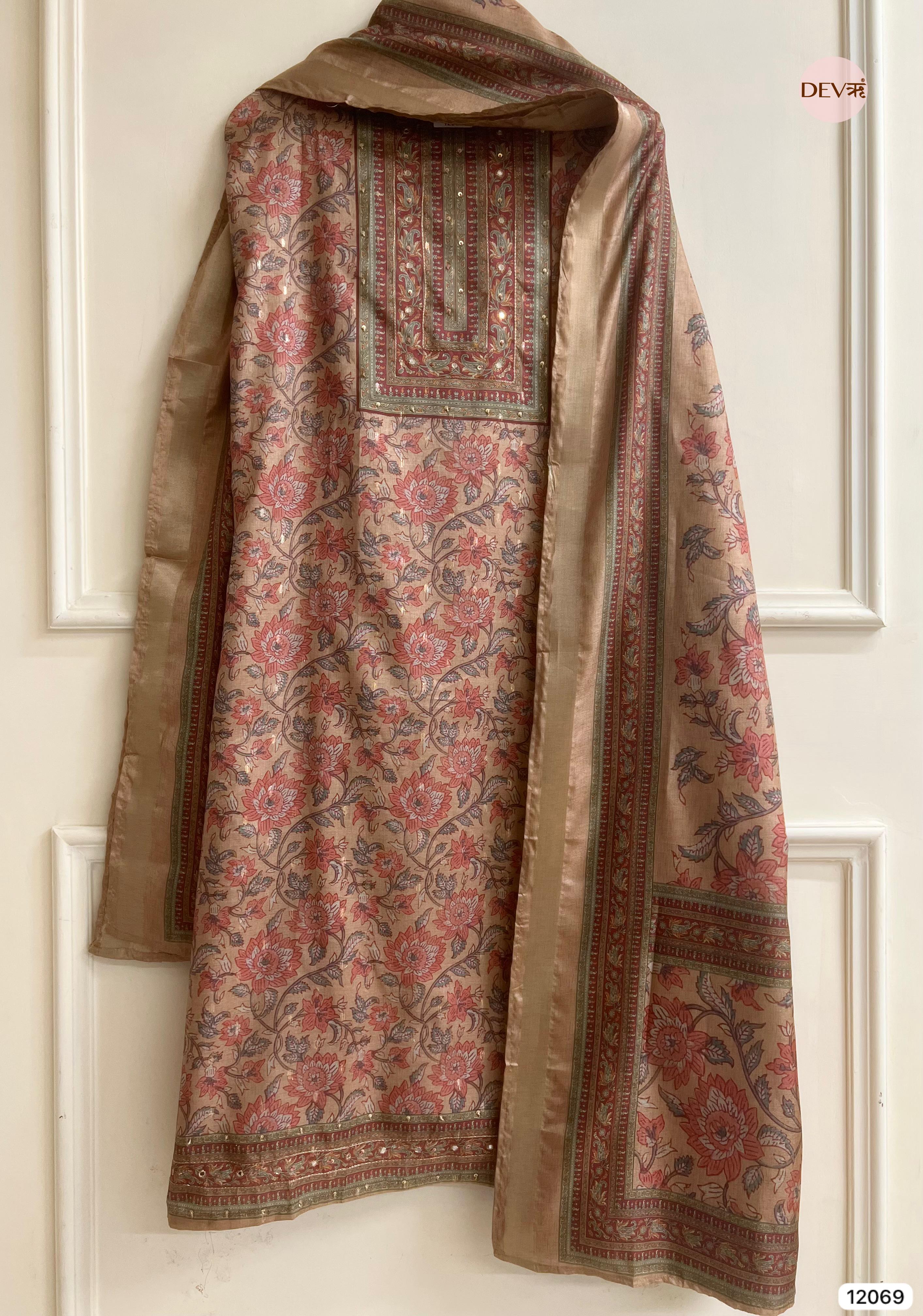 Multi Colour Tusser Khadi Silk Printed Unstitched Hand Embroidered -Set Of 3 - {12069}