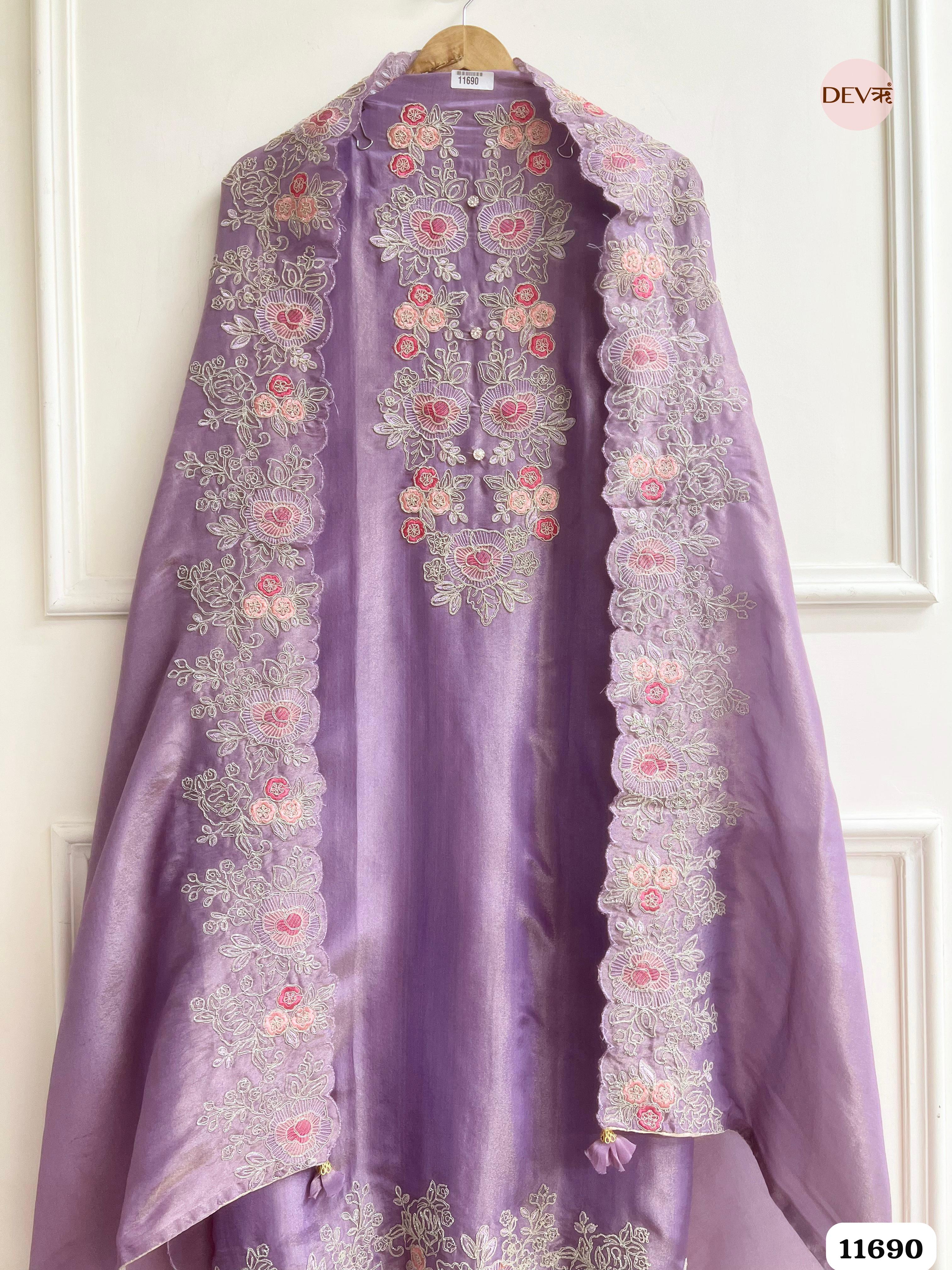 Purple Tissue Silk Unstitched Embroidered -Set Of 3 {11690}