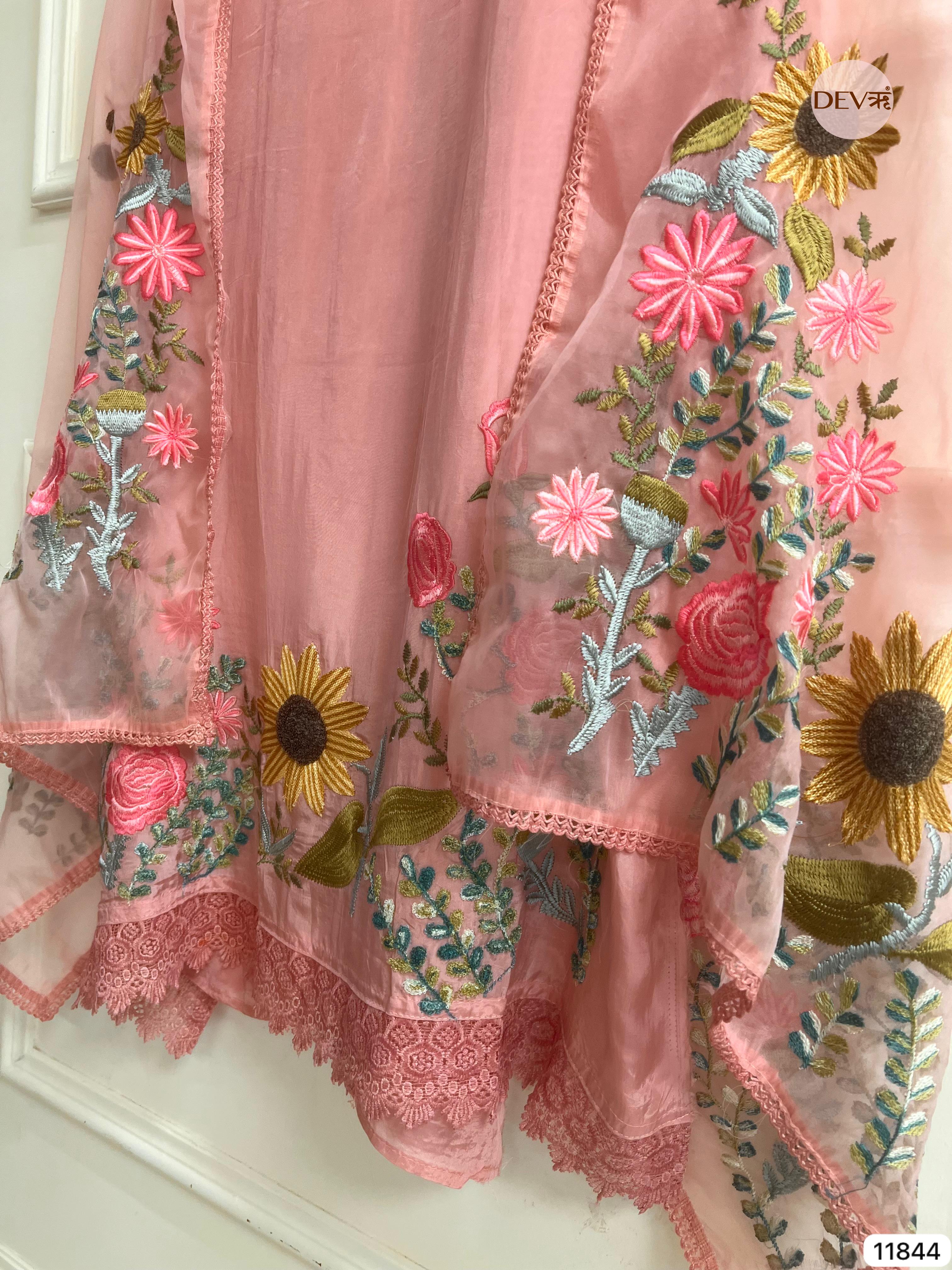 Pink Organza Silk Unstitched Embroidered -Set Of 3 - {11844}