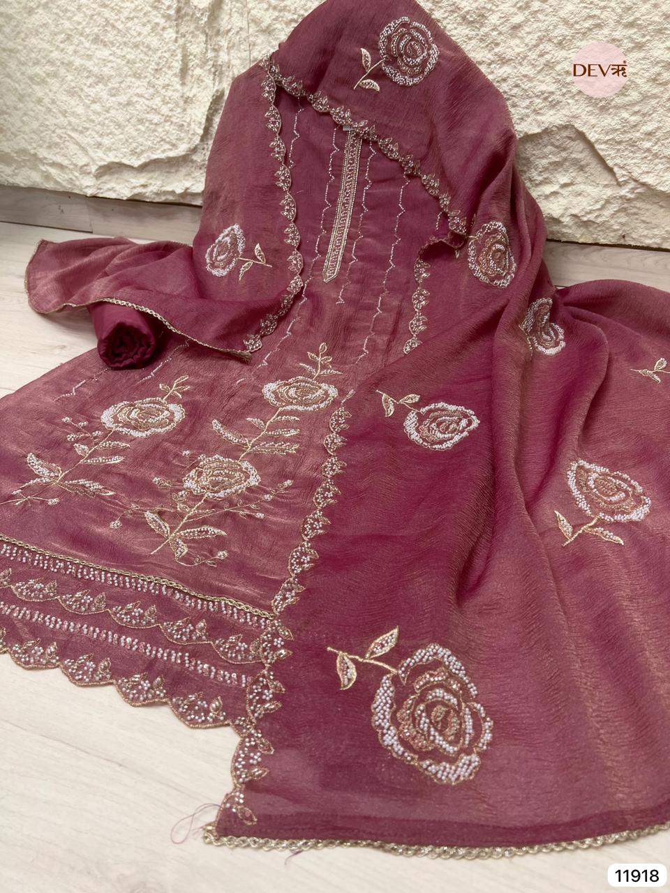 Purple Pure Tissue Crush Unstitched Hand Embroidered -Set Of 3 - {11918}