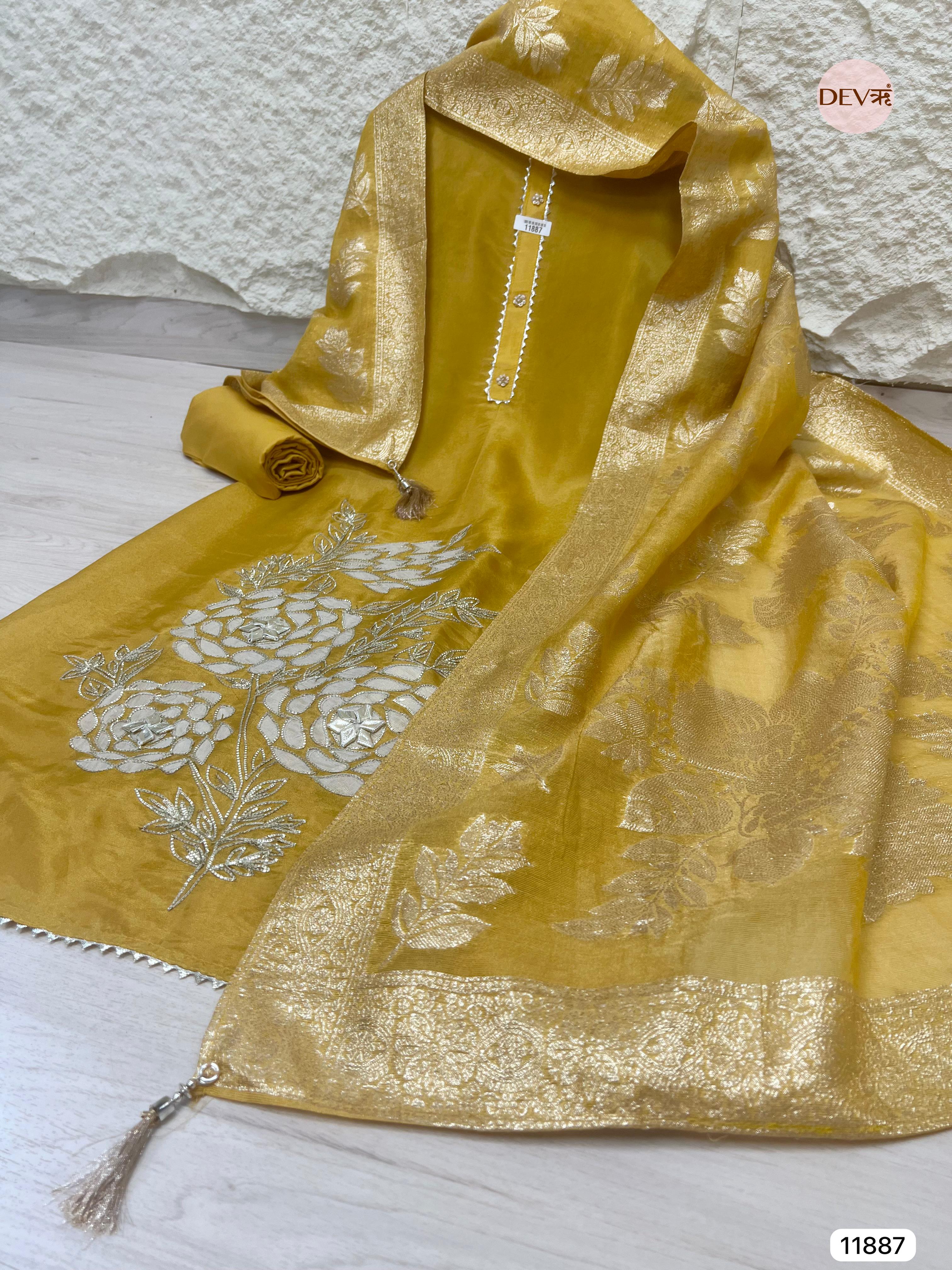 Yellow Tissue Silk Shimmer Silk Unstitched Hand Embroidered -Set Of 3- {11887}