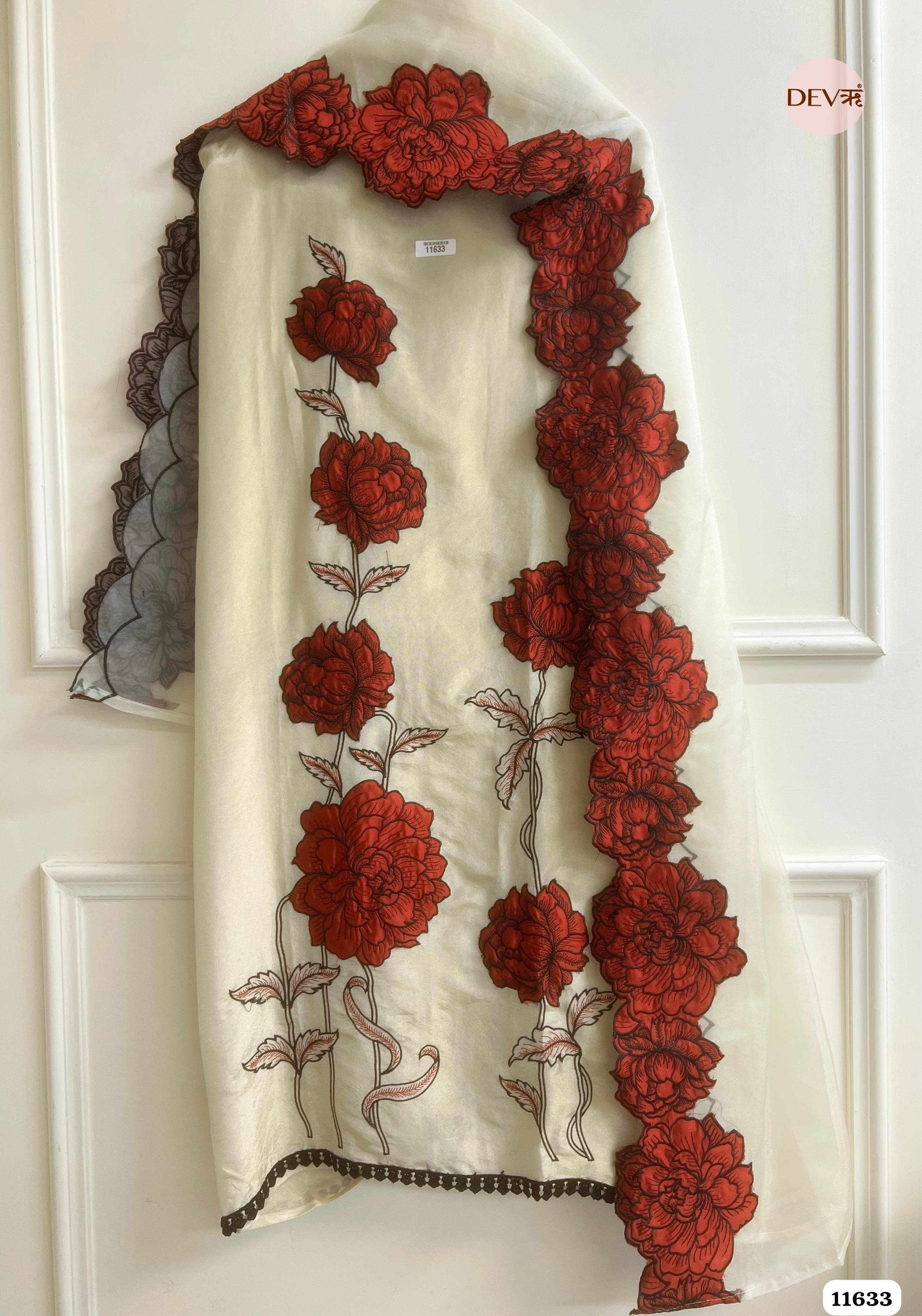 Off White Tissue Silk Unstitched Embroidered -Set Of 3 {11633}
