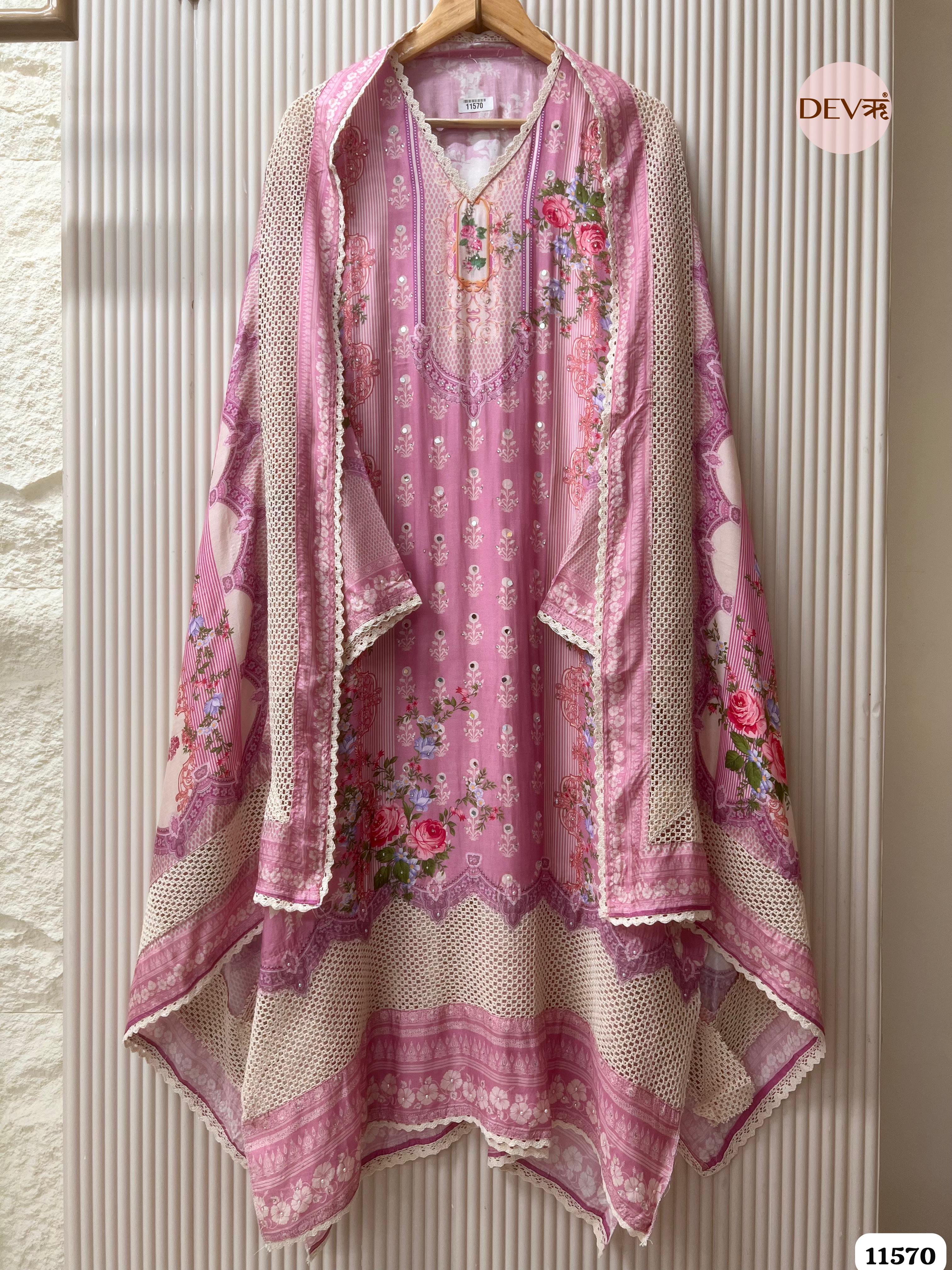 Pink Muslin Printed Semi Stitched Hand Embroidered -Set Of 3 {11570}