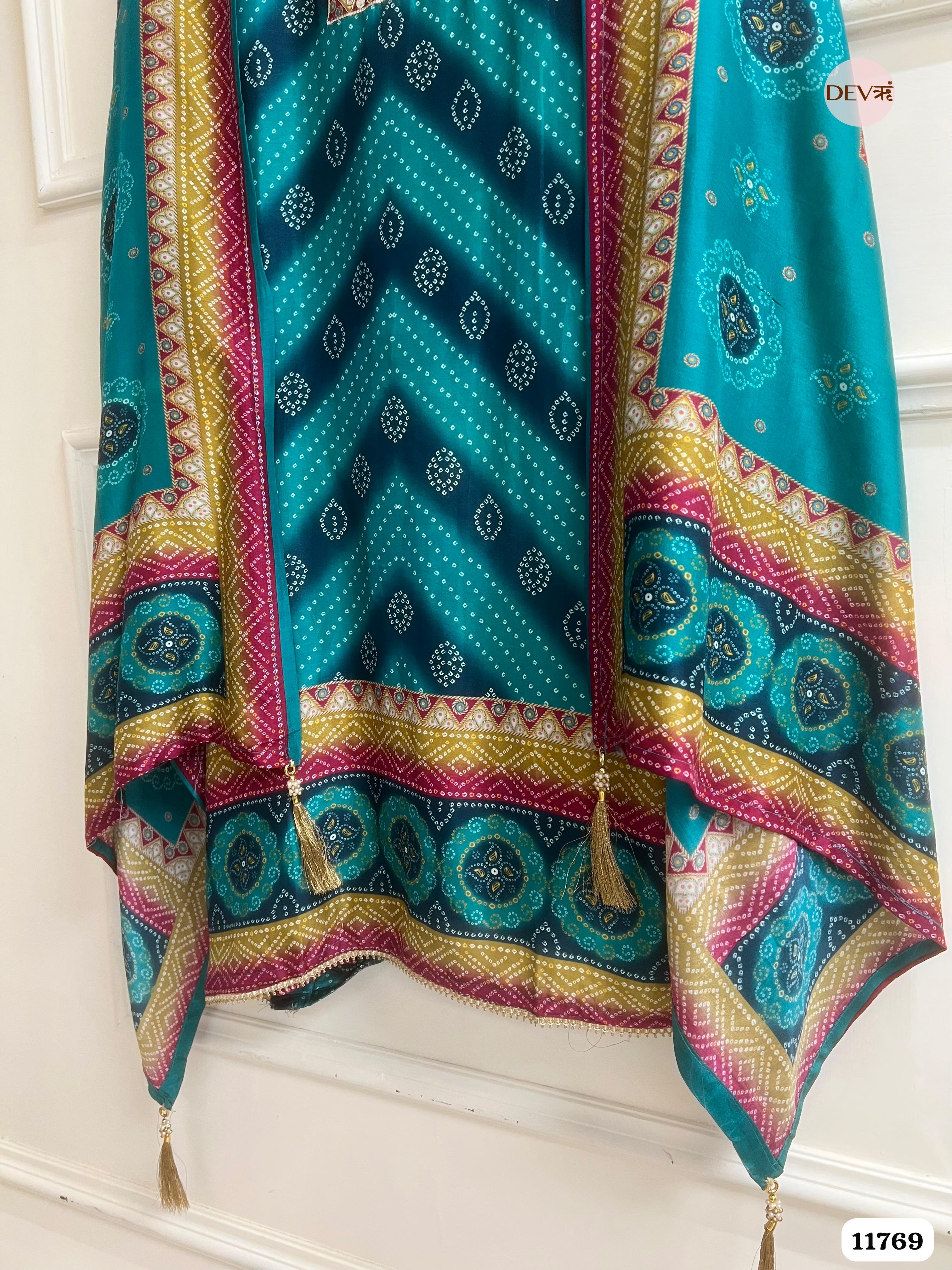 Blue Green Russian Silk Printed Unstitched Hand Embroidered -Set Of 3 {11769}