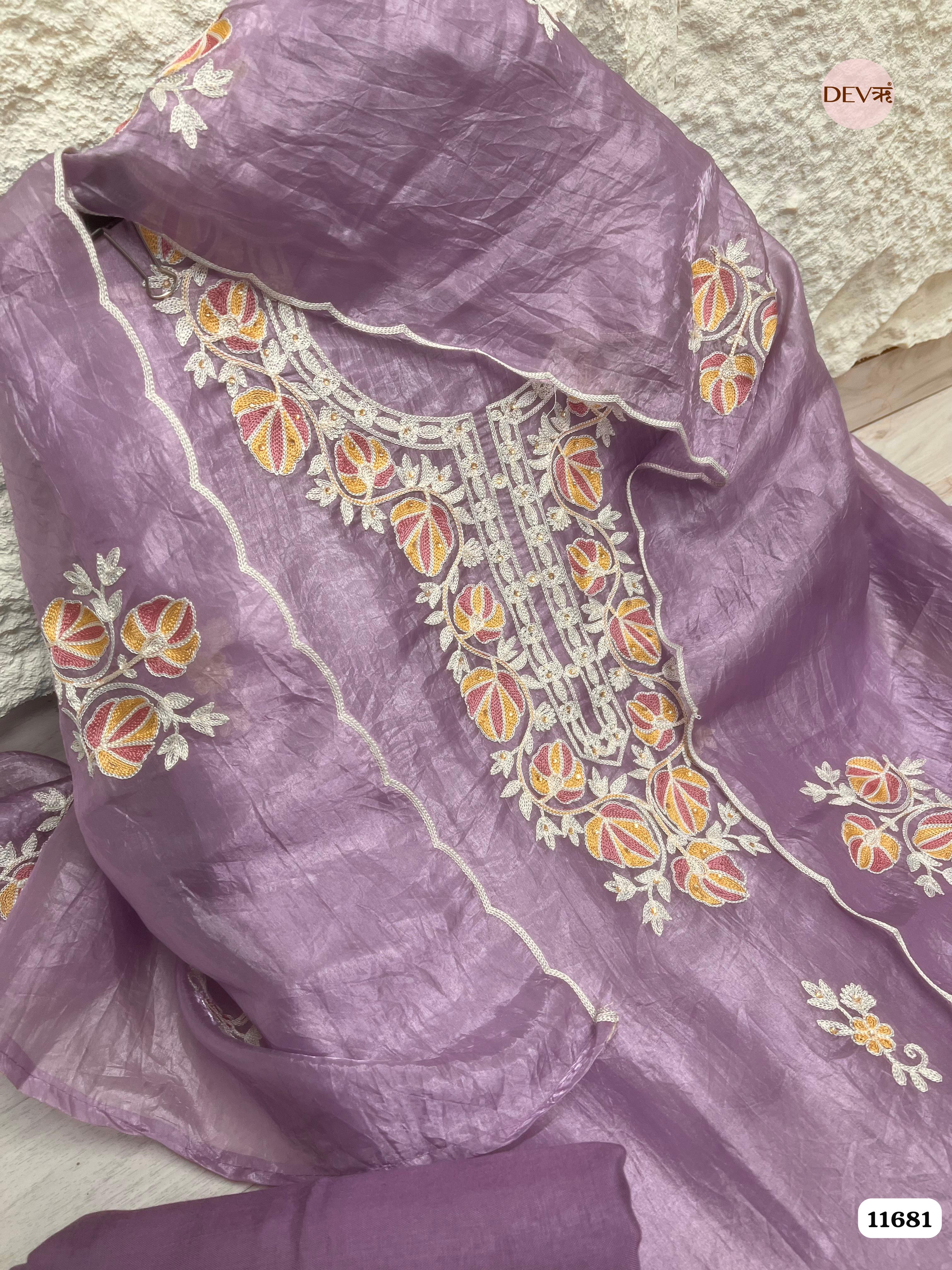 Purple Tissue Crush Silk Unstitched Embroidered -Set Of 3 {11681}