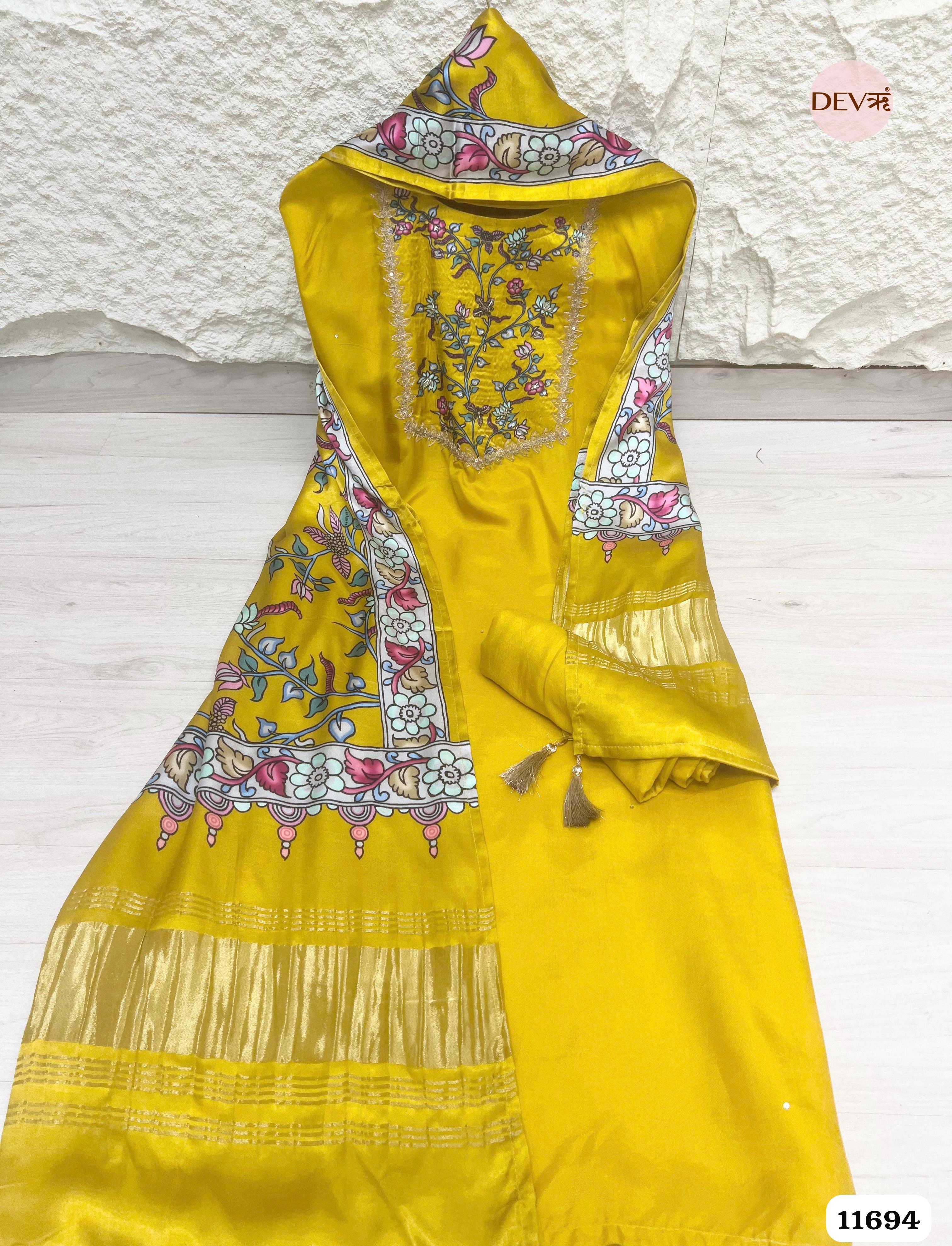 Yellow Russian Silk Unstitched Embroidered -Set Of 3 {11694}
