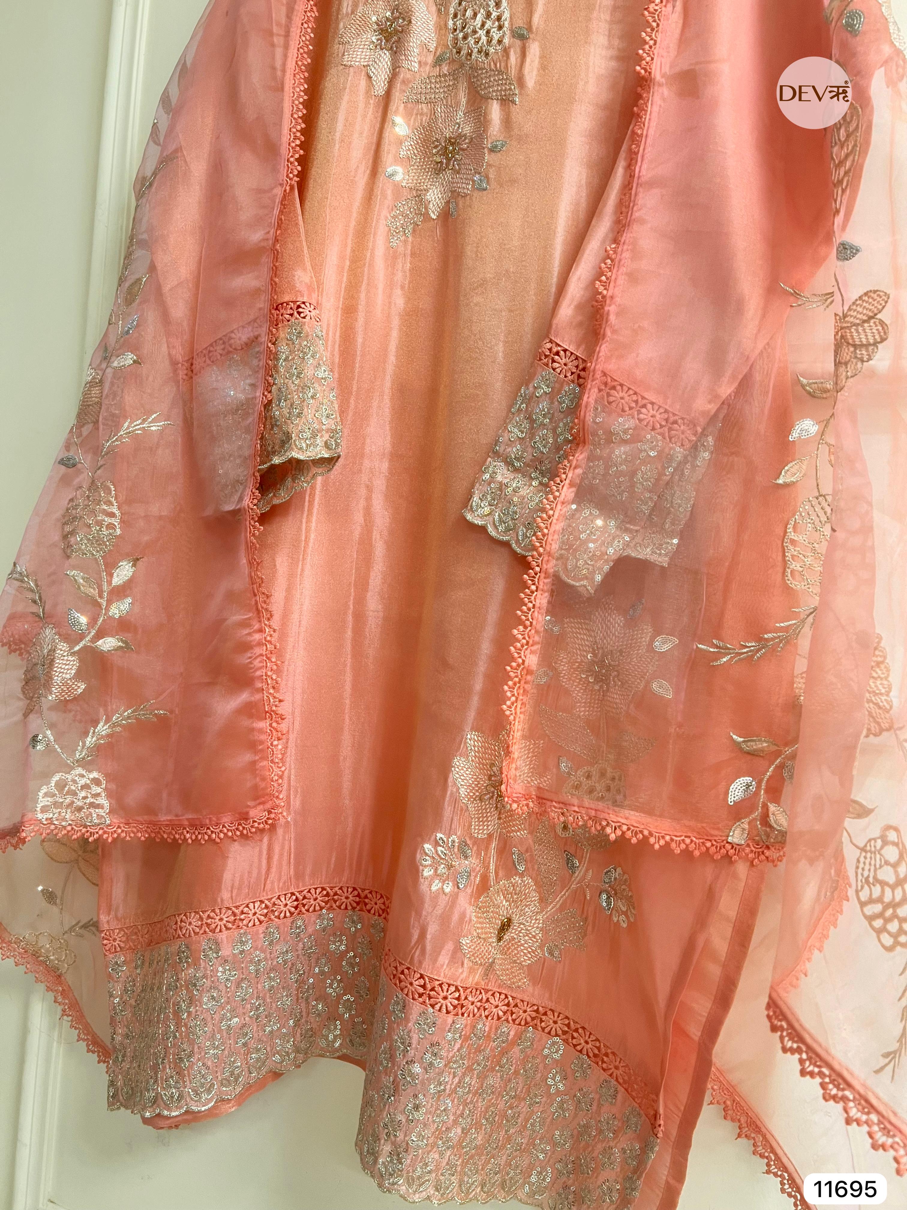 Light Pink Tissue Shimmer Silk Semi Stitched Hand Embroidered -Set Of 3- {11695}