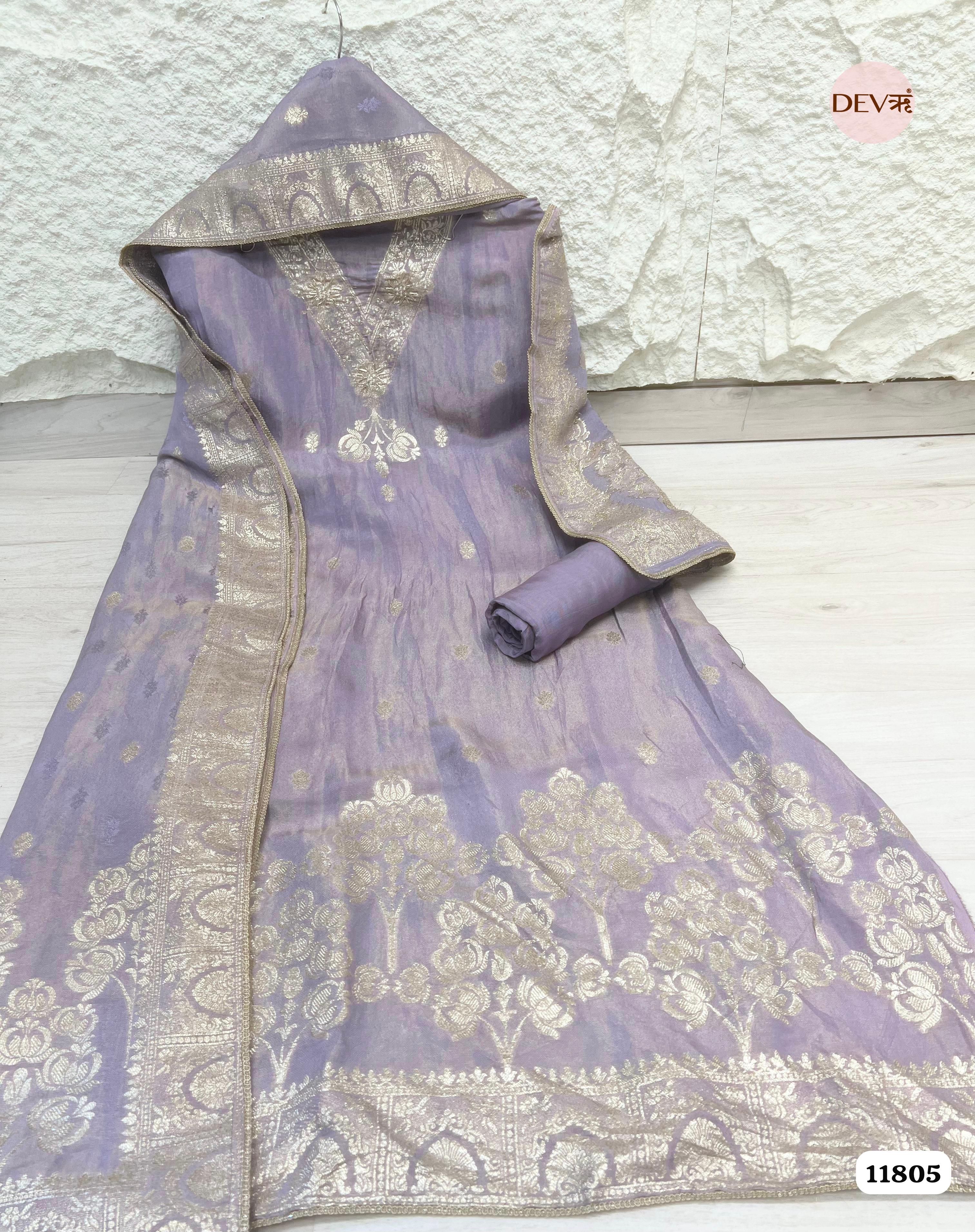 Purple Tissue Silk Unstitched Banarasi Weave Hand Embroidered -Set Of 3 {11805}