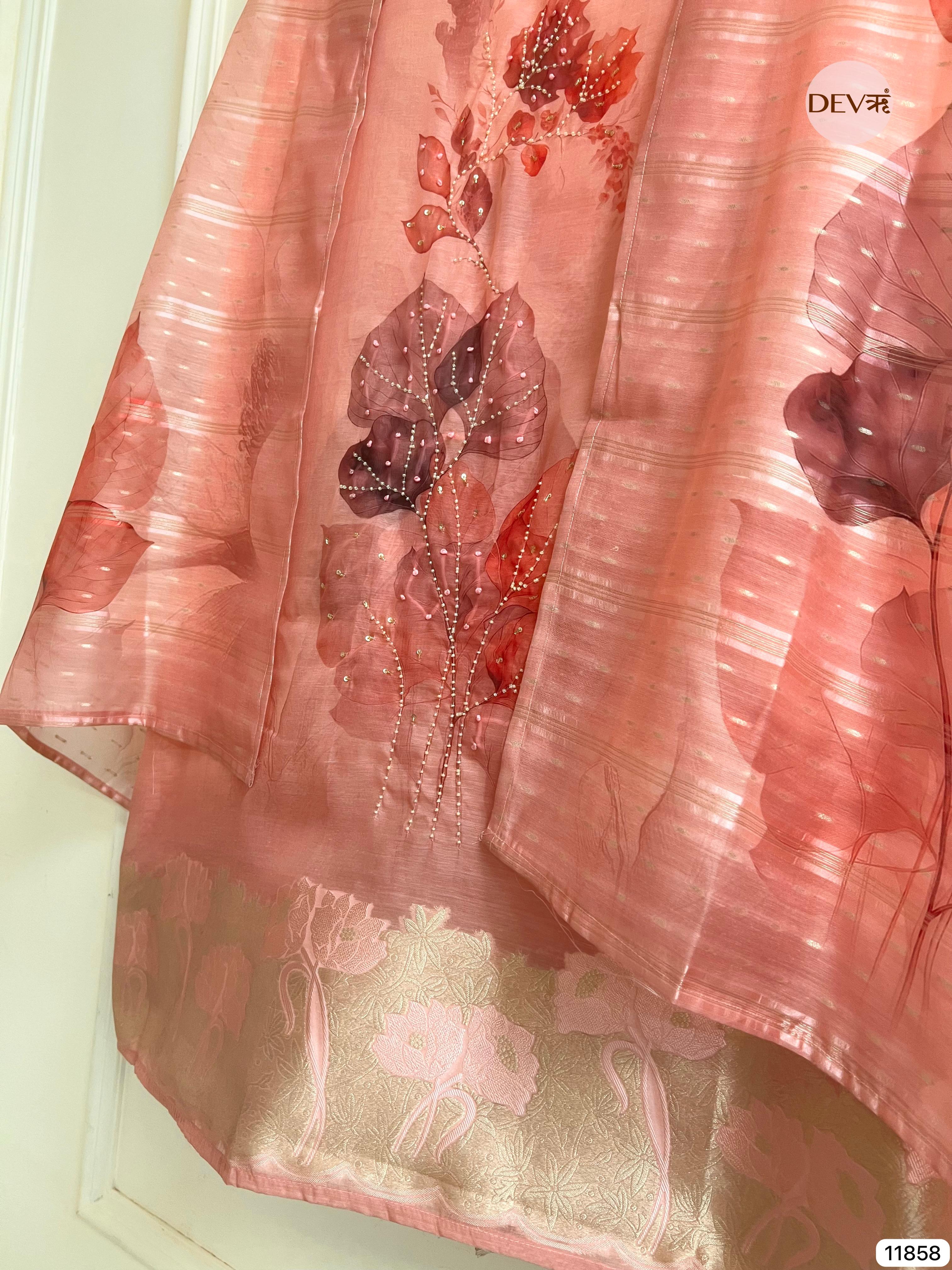 Pink Jamdani Silk Unstitched Printed Woven Hand Embroidered -Set Of 3- {11858}