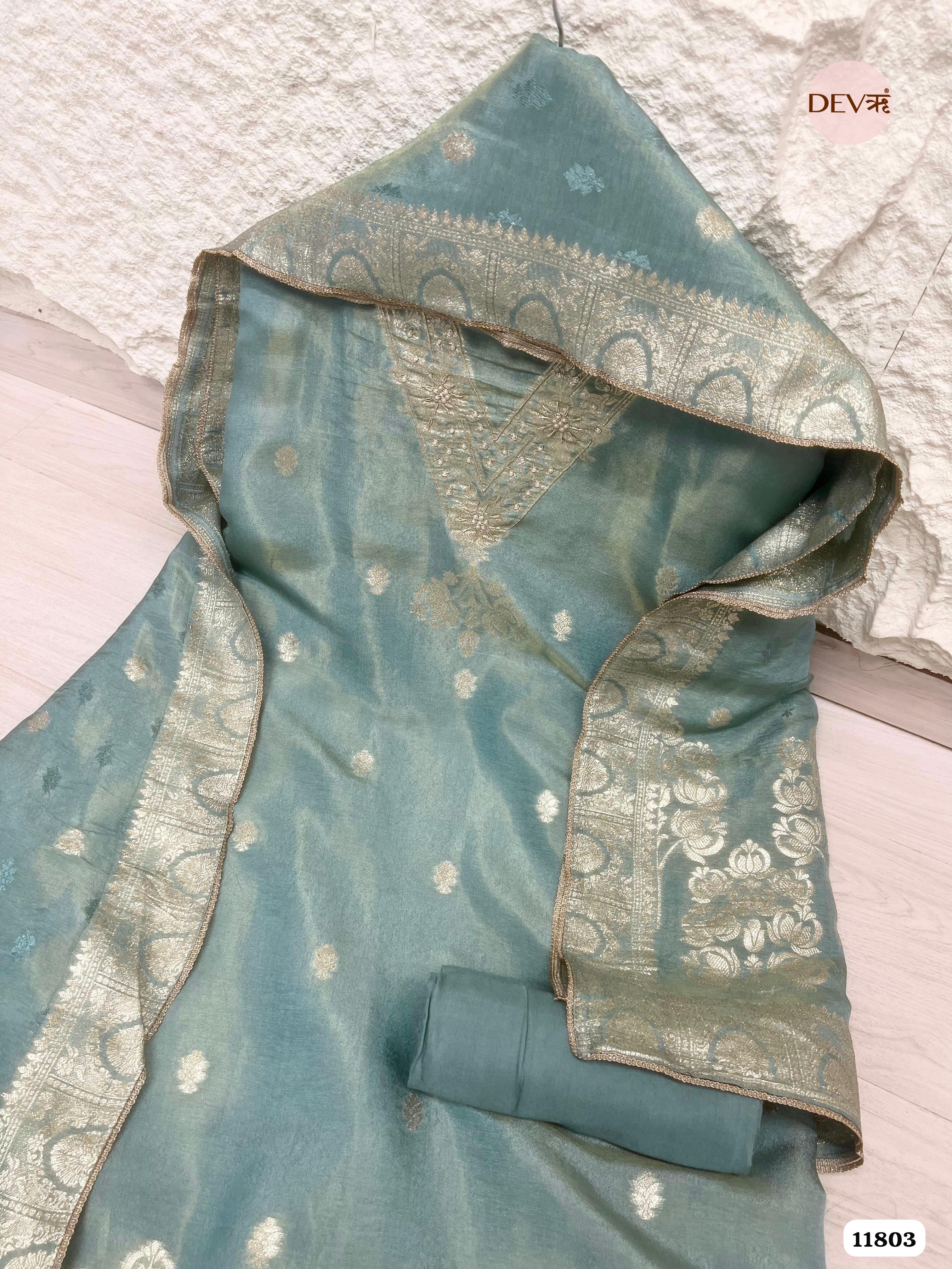 Green Tissue Silk Unstitched Banarasi Weave Hand Embroidered -Set Of 3 {11803}