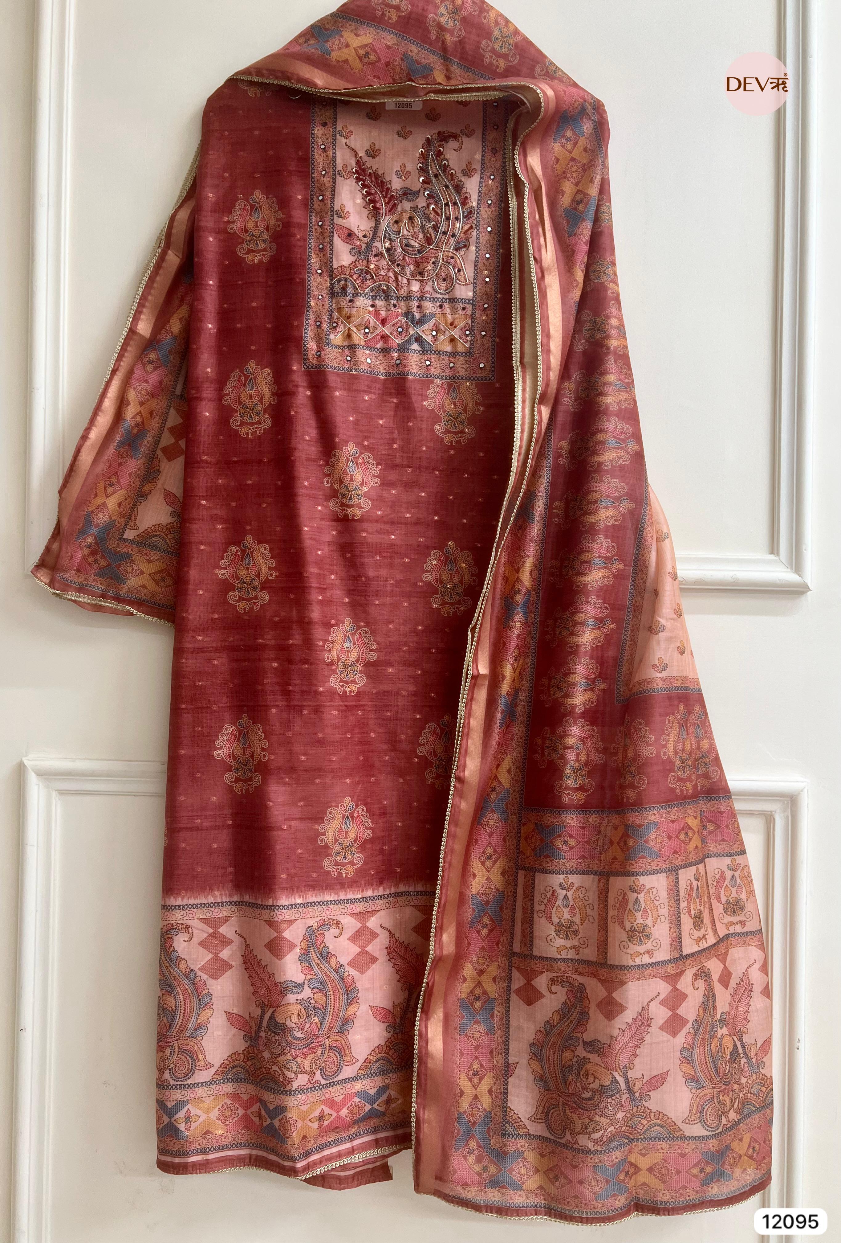 Red Tusser Khadi Silk Printed Unstitched Hand Embroidered -Set Of 3 - {12095}