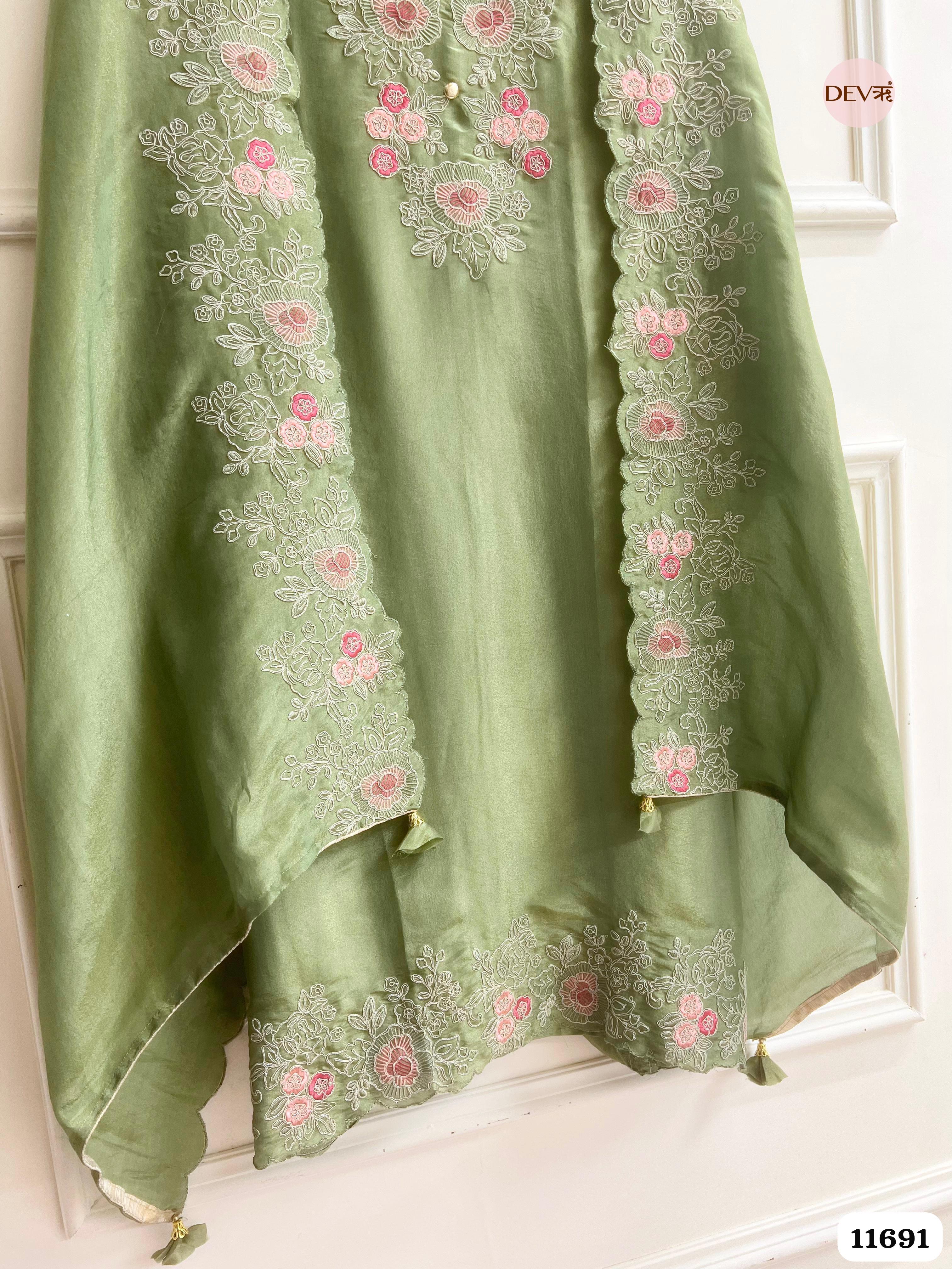 Green Tissue Silk Unstitched Embroidered -Set Of 3 {11691}