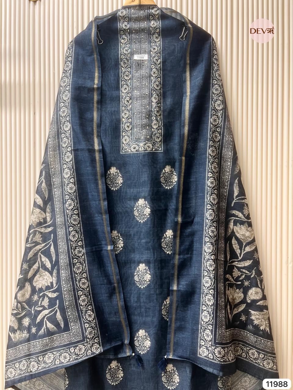 Navy Mul Chanderi Printed Unstitched 3-Piece Suit (Devri – D.No 11988)