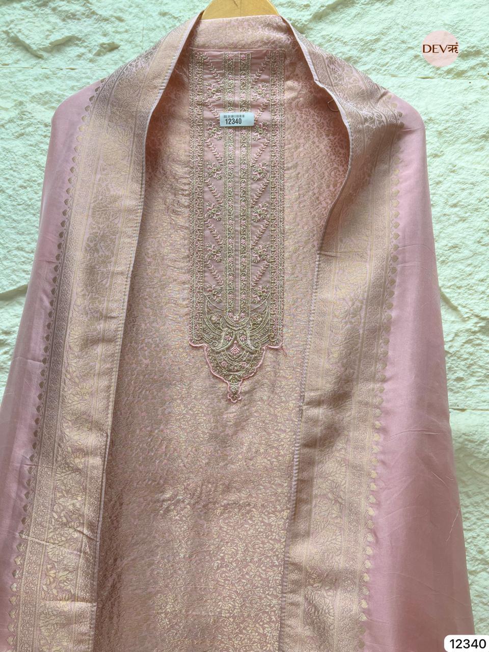 Soft Blush Pink Pure Banarasi Silk Embroidered Unstitched 3-Piece Suit (Devri – D.No 12340)