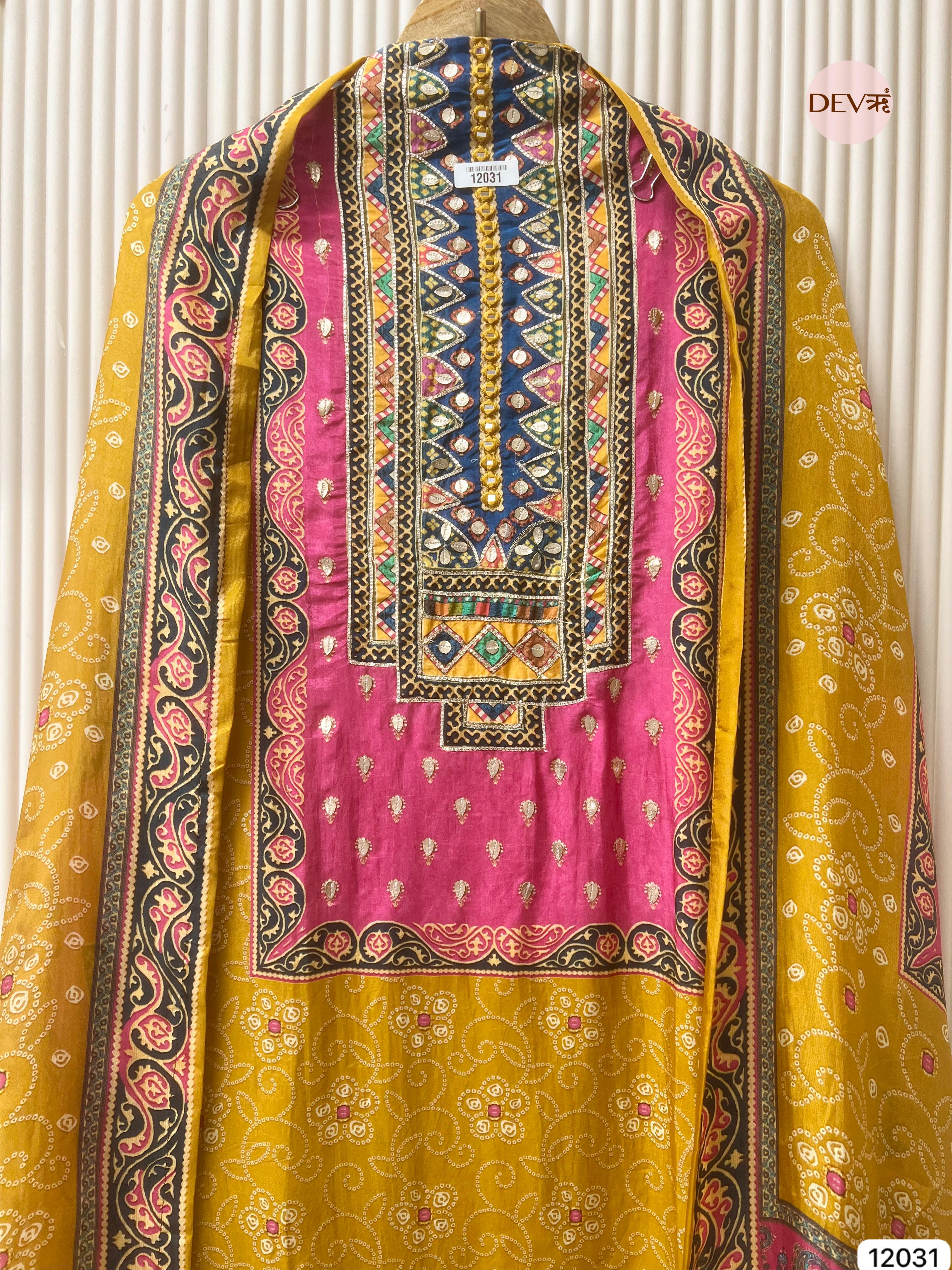 Yellow Pure Glass Silk Unstitched Printed Hand Embroidered -Set Of 3 - {12031}