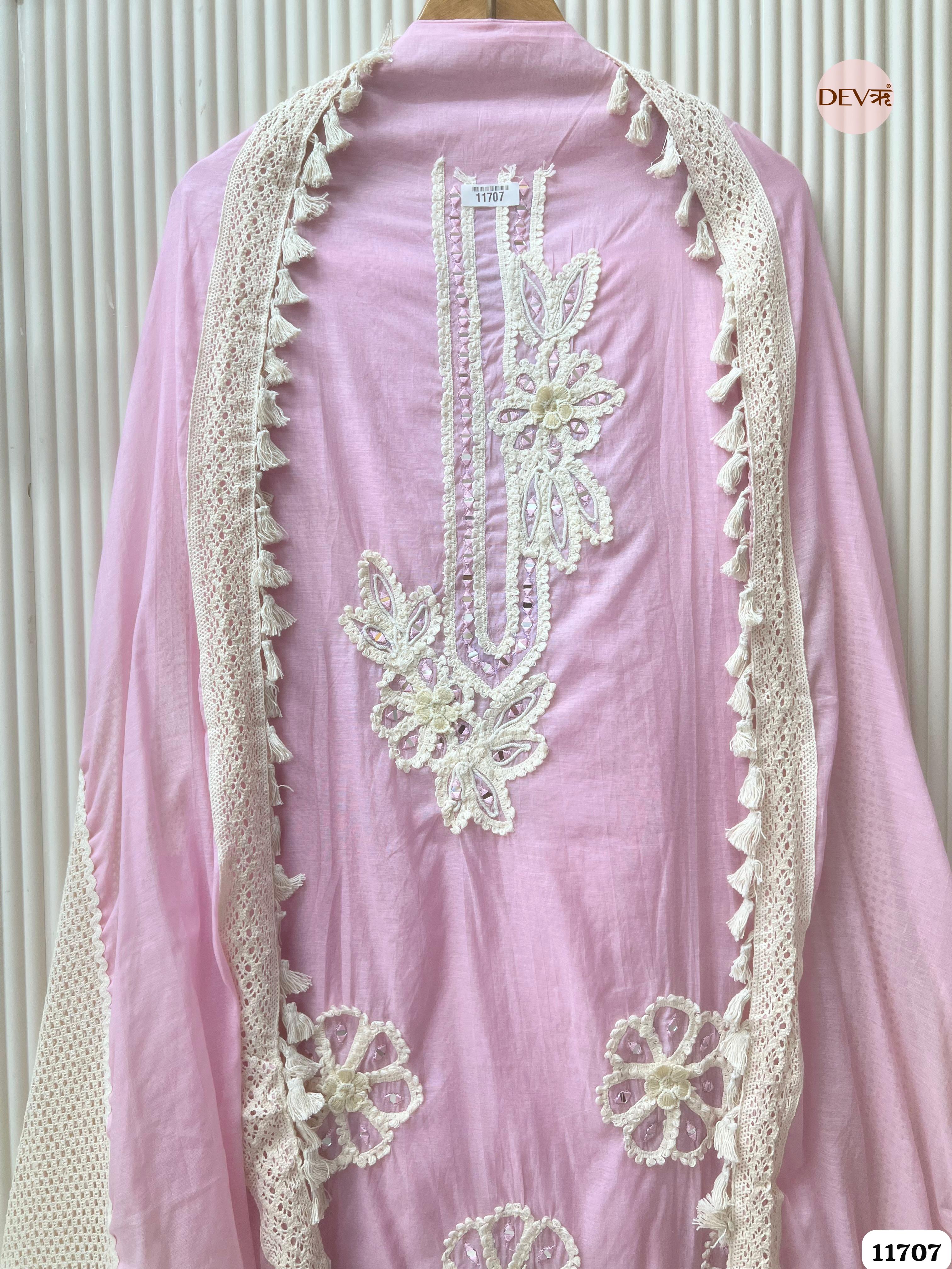 Pink Mul Chanderi Unstitched Hand Embroidered -Set Of 3 {11707}